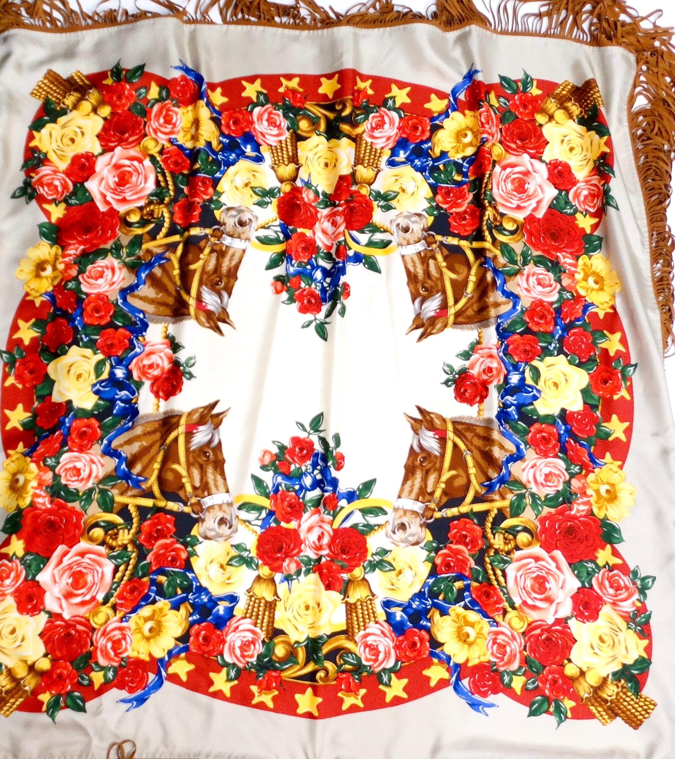 Beige Silk Printed Horse & Flowers Motif Fringe Scarf For Sale