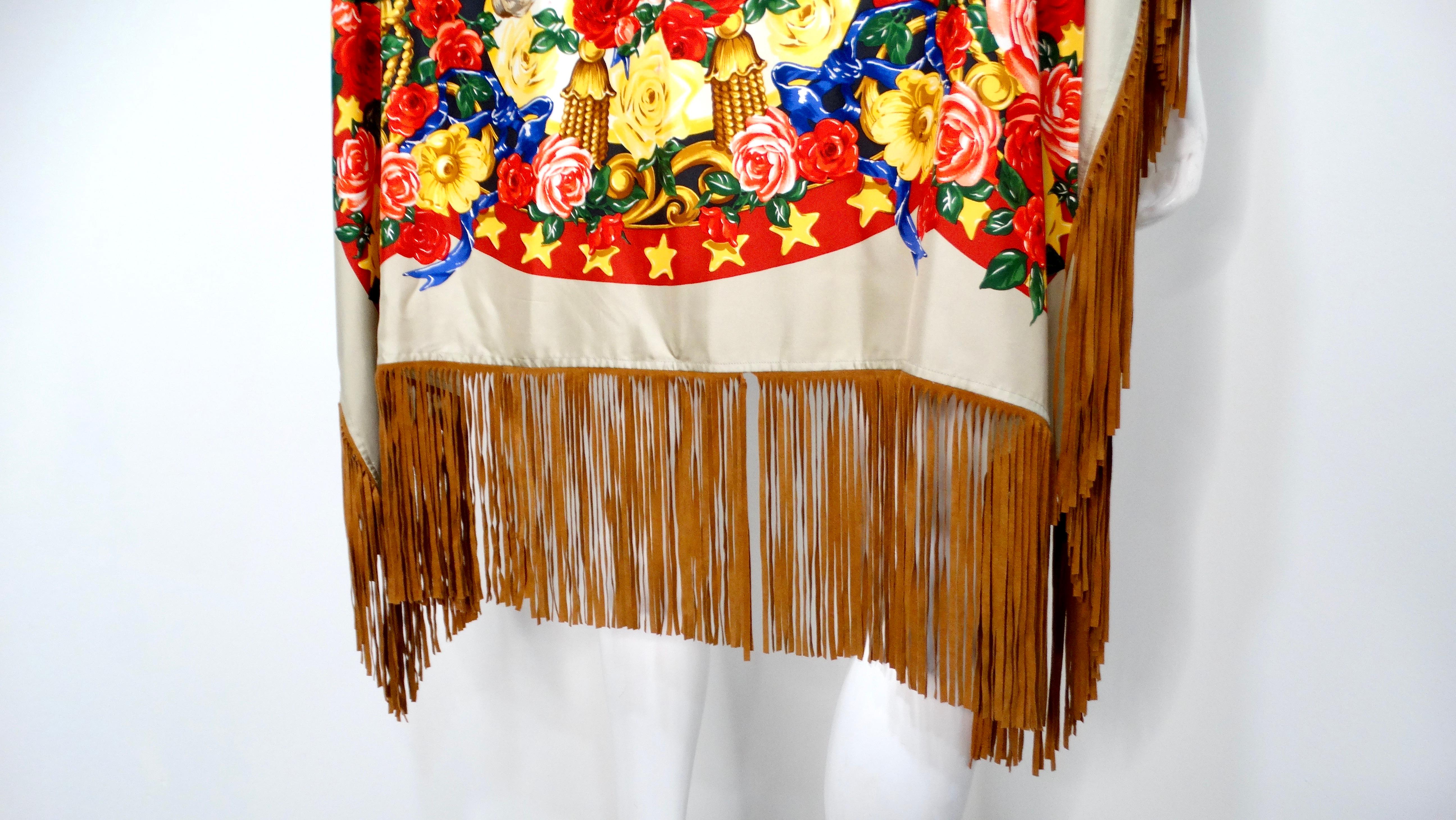 Silk Printed Horse & Flowers Motif Fringe Scarf In Good Condition For Sale In Scottsdale, AZ