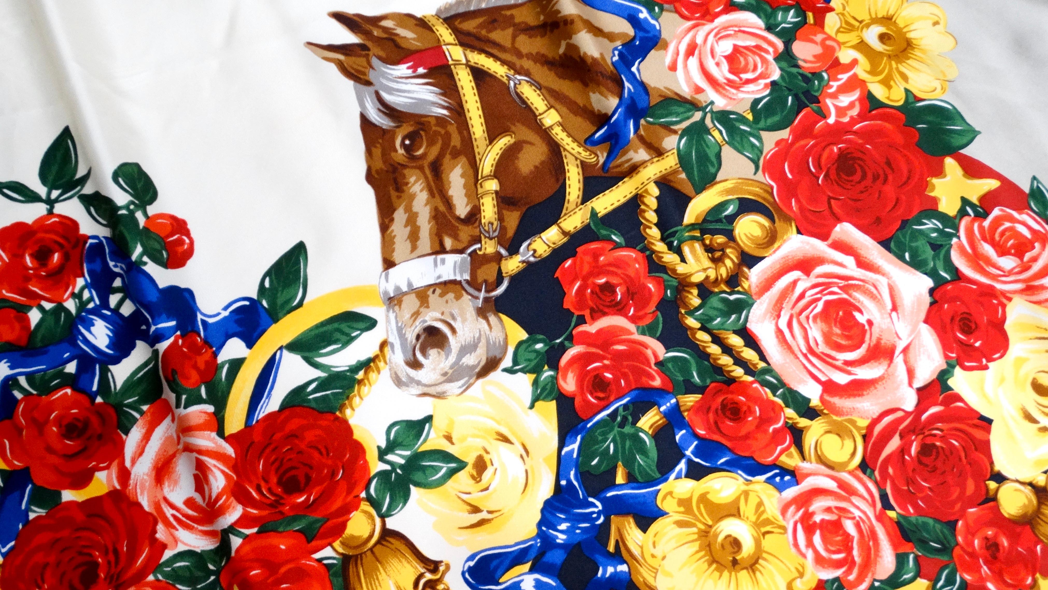 Women's Silk Printed Horse & Flowers Motif Fringe Scarf For Sale