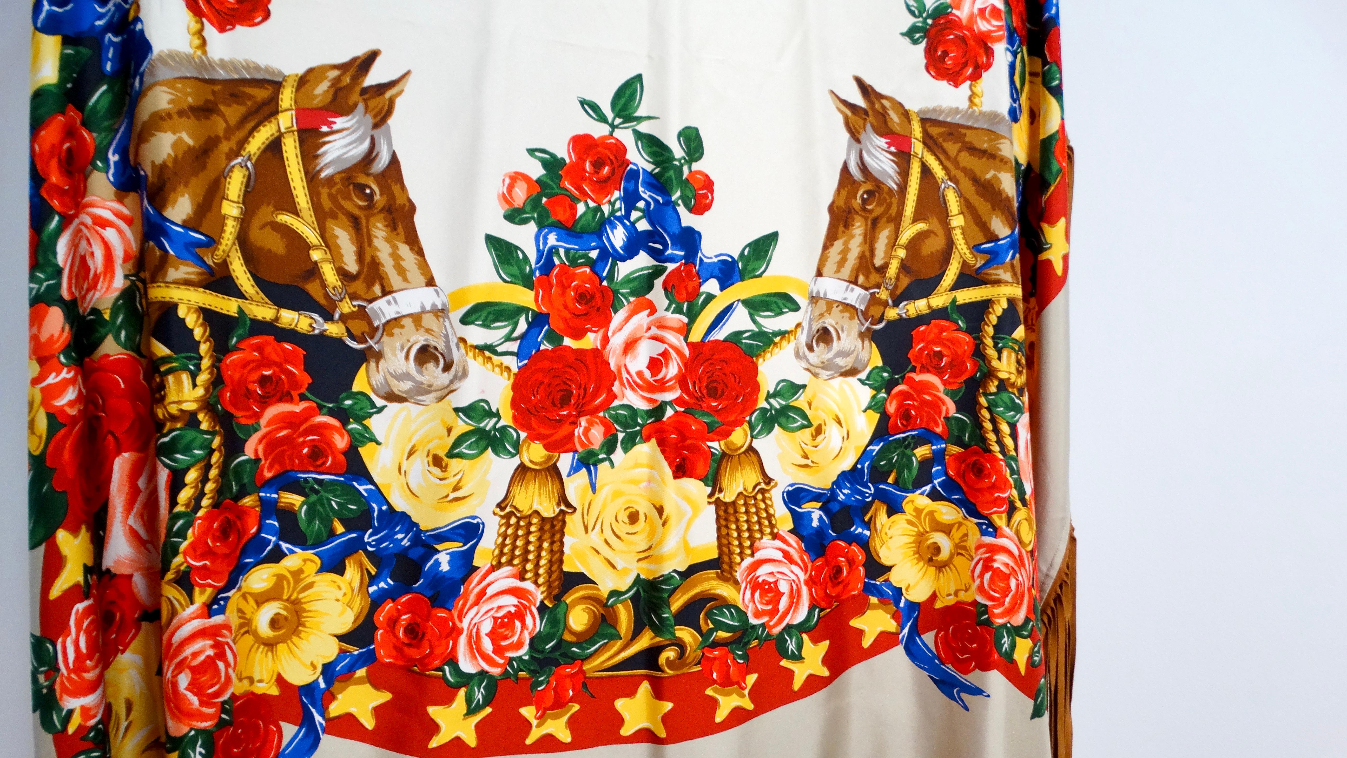 Silk Printed Horse & Flowers Motif Fringe Scarf For Sale 1