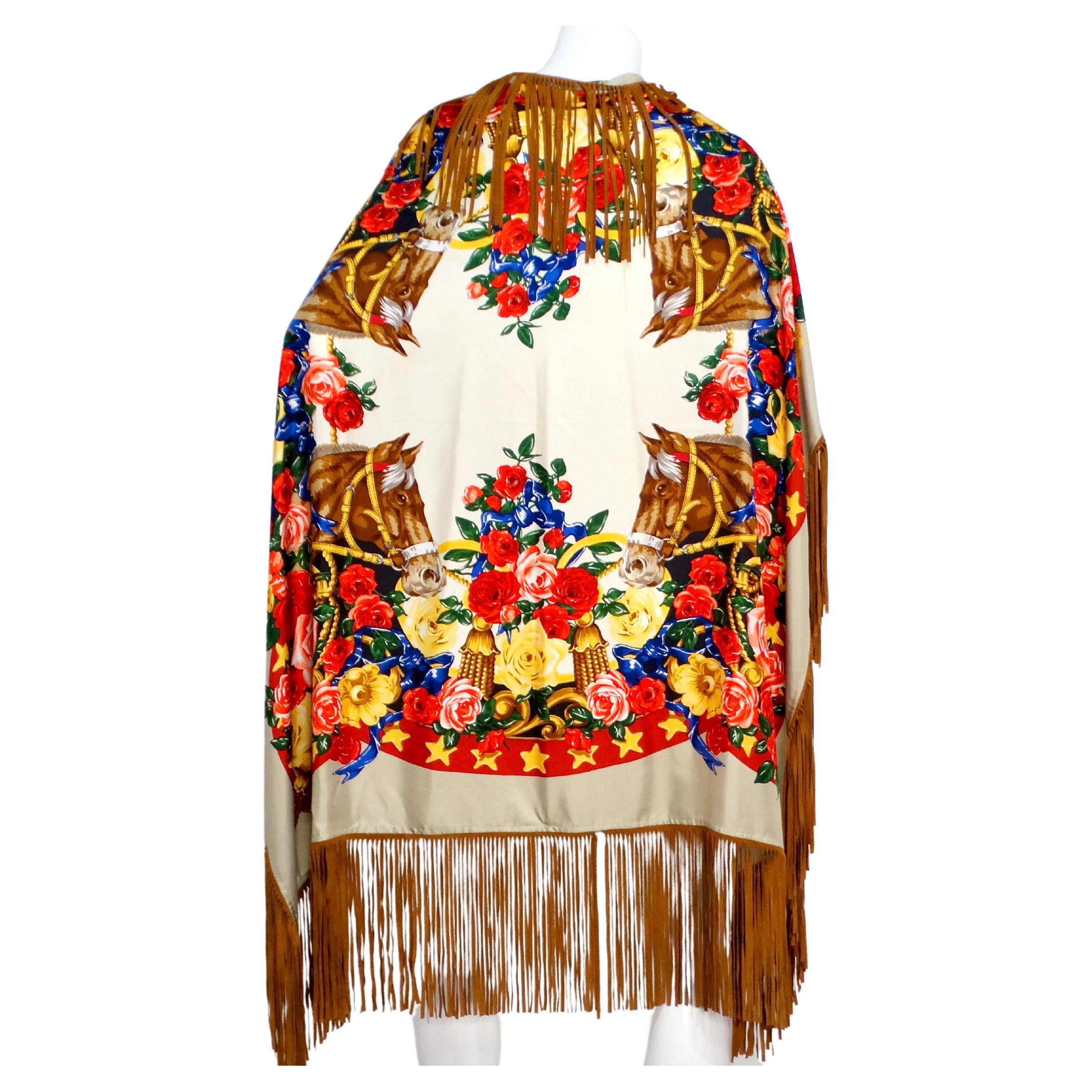Silk Printed Horse & Flowers Motif Fringe Scarf For Sale