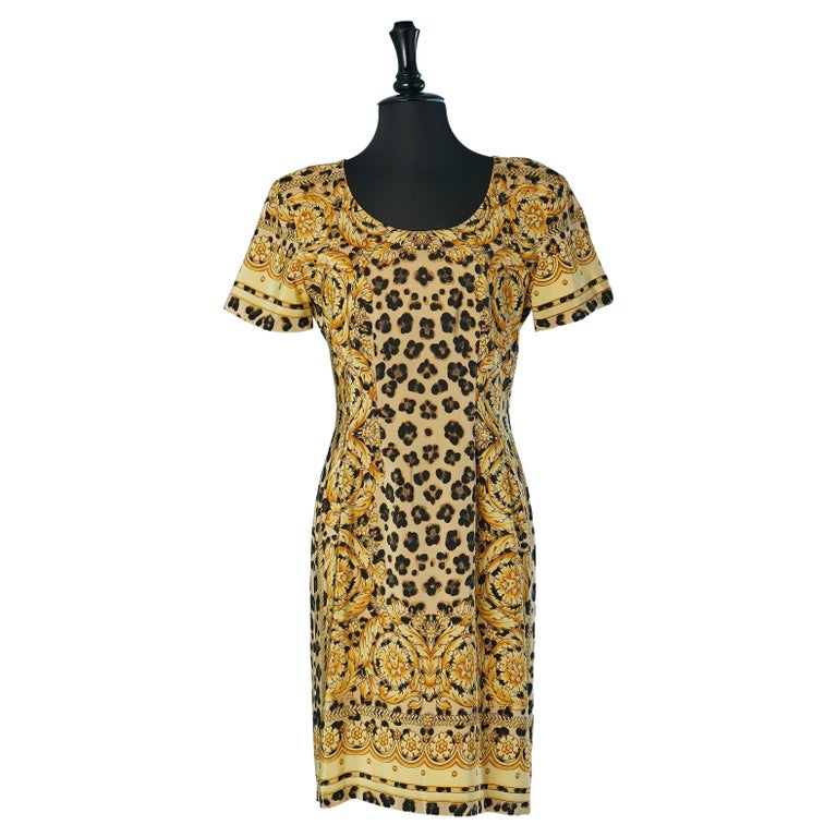 Silk Printed short-sleeve cocktail dress Bloomingdale's For Sale at 1stDibs