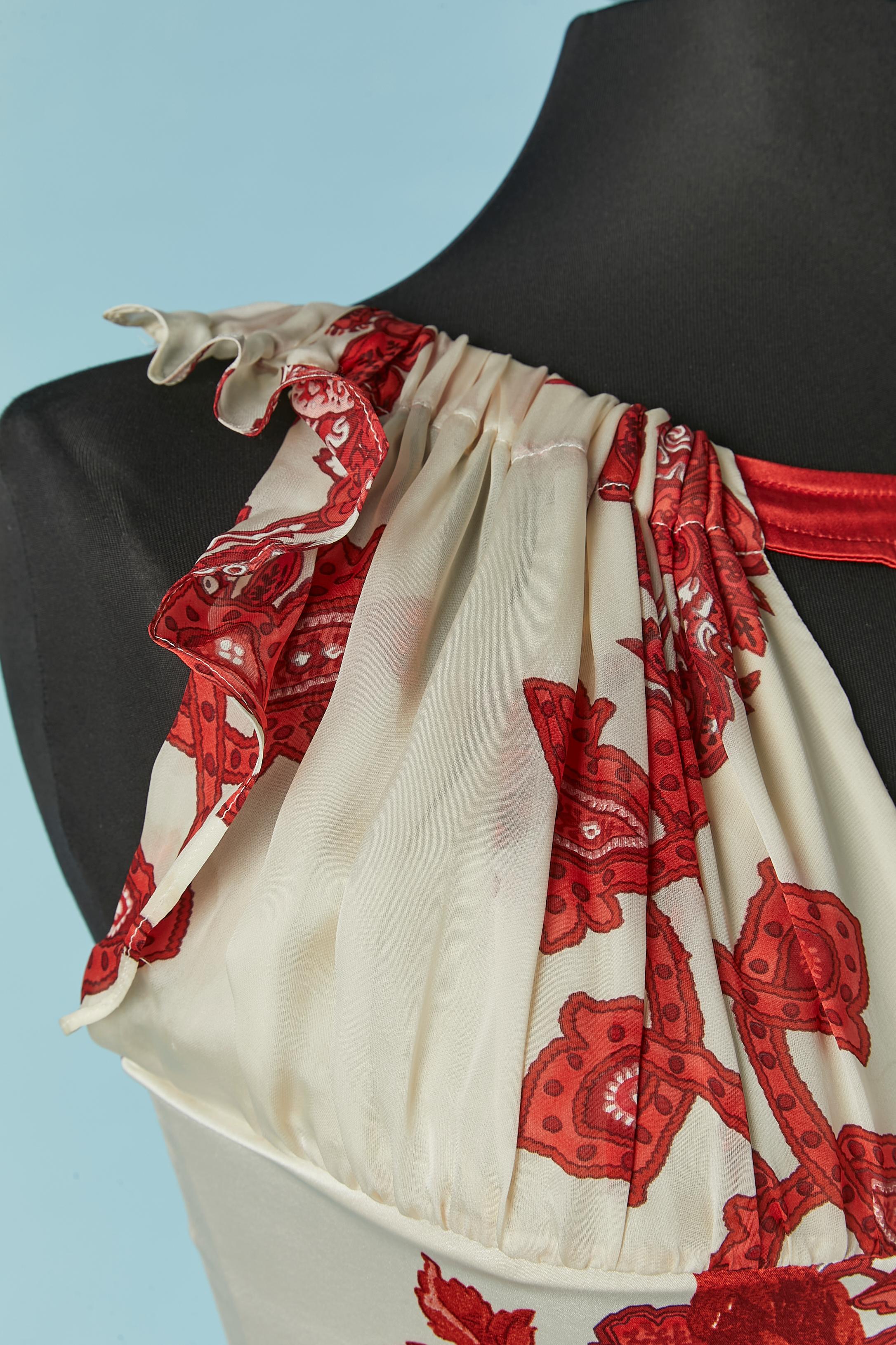 Beige Silk printed sleeveless top with gather and ruffles Roberto Cavalli New For Sale