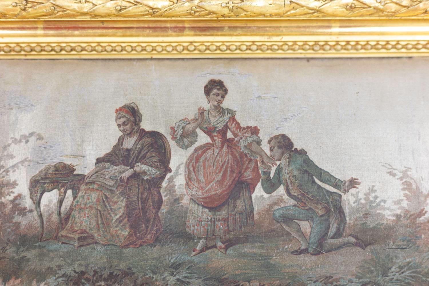 European Silk Printing, Romantic Scene, 19th Century For Sale