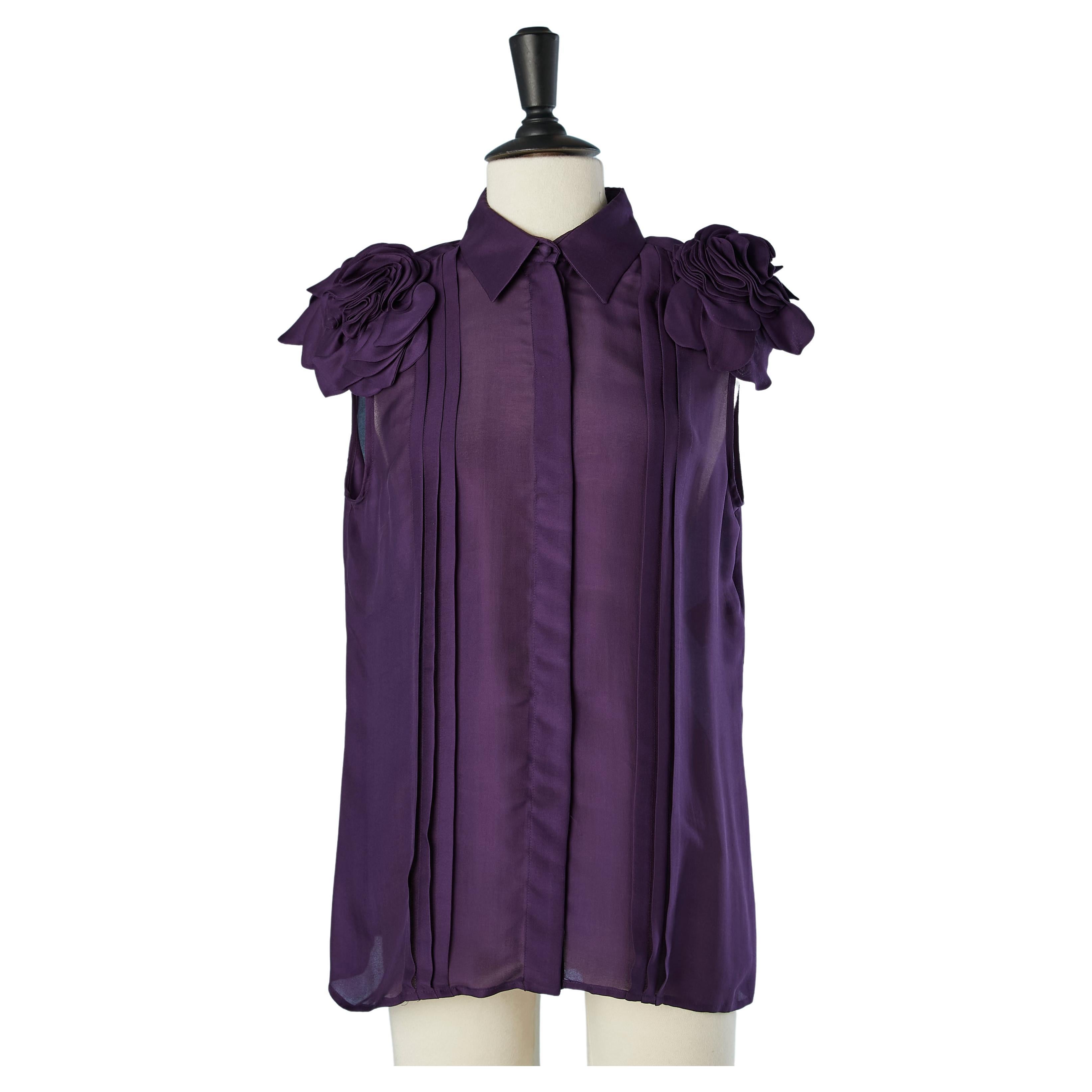 Silk purple sleeveless shirt with fabric flowers on shoulders Versace For  Sale at 1stDibs