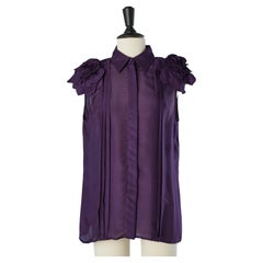 Silk purple sleeveless shirt with fabric flowers on shoulders Versace 
