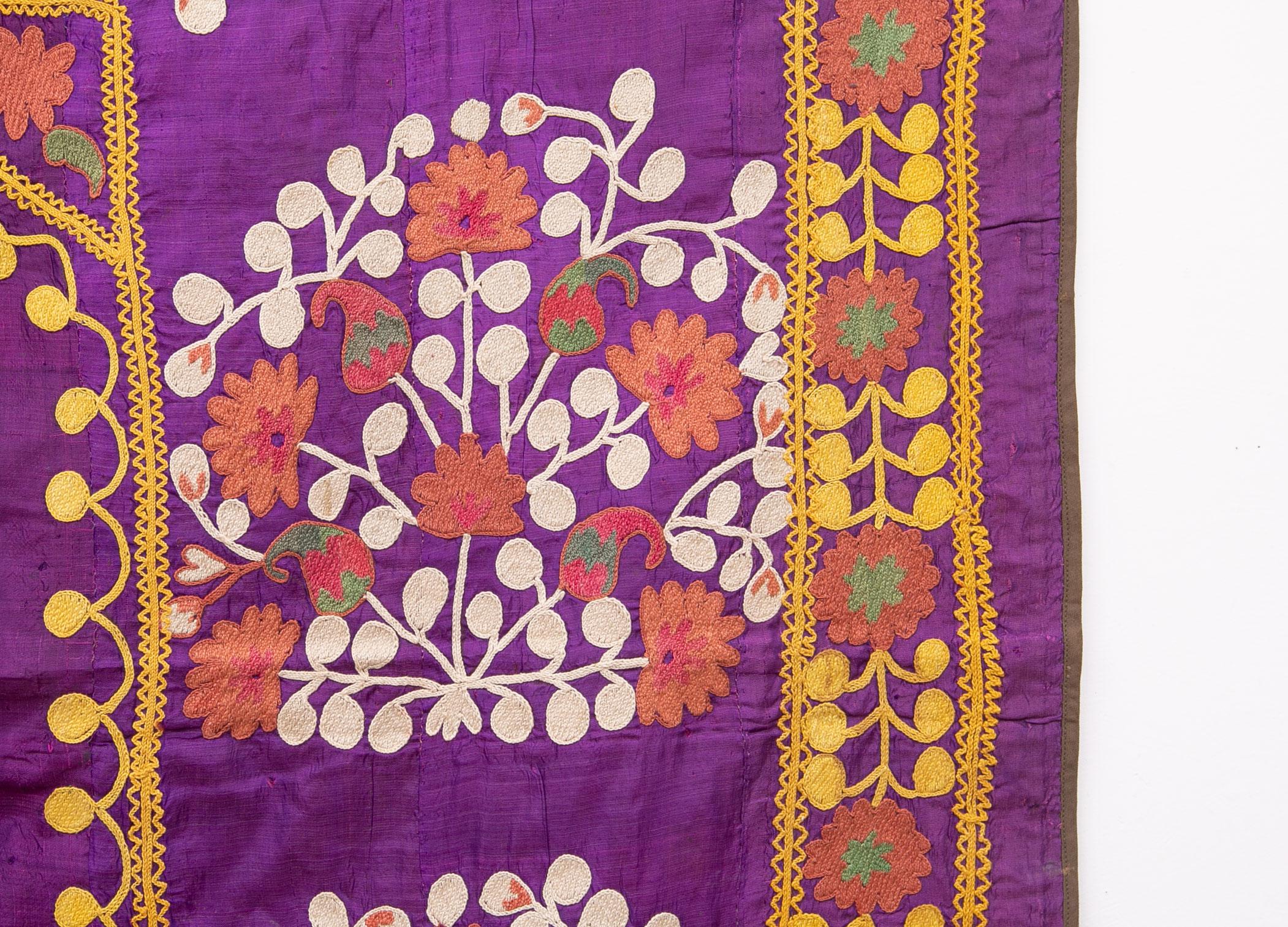 Embroidered Silk Purple Suzani from Samarkand Uzbekistan, Early 20th C For Sale