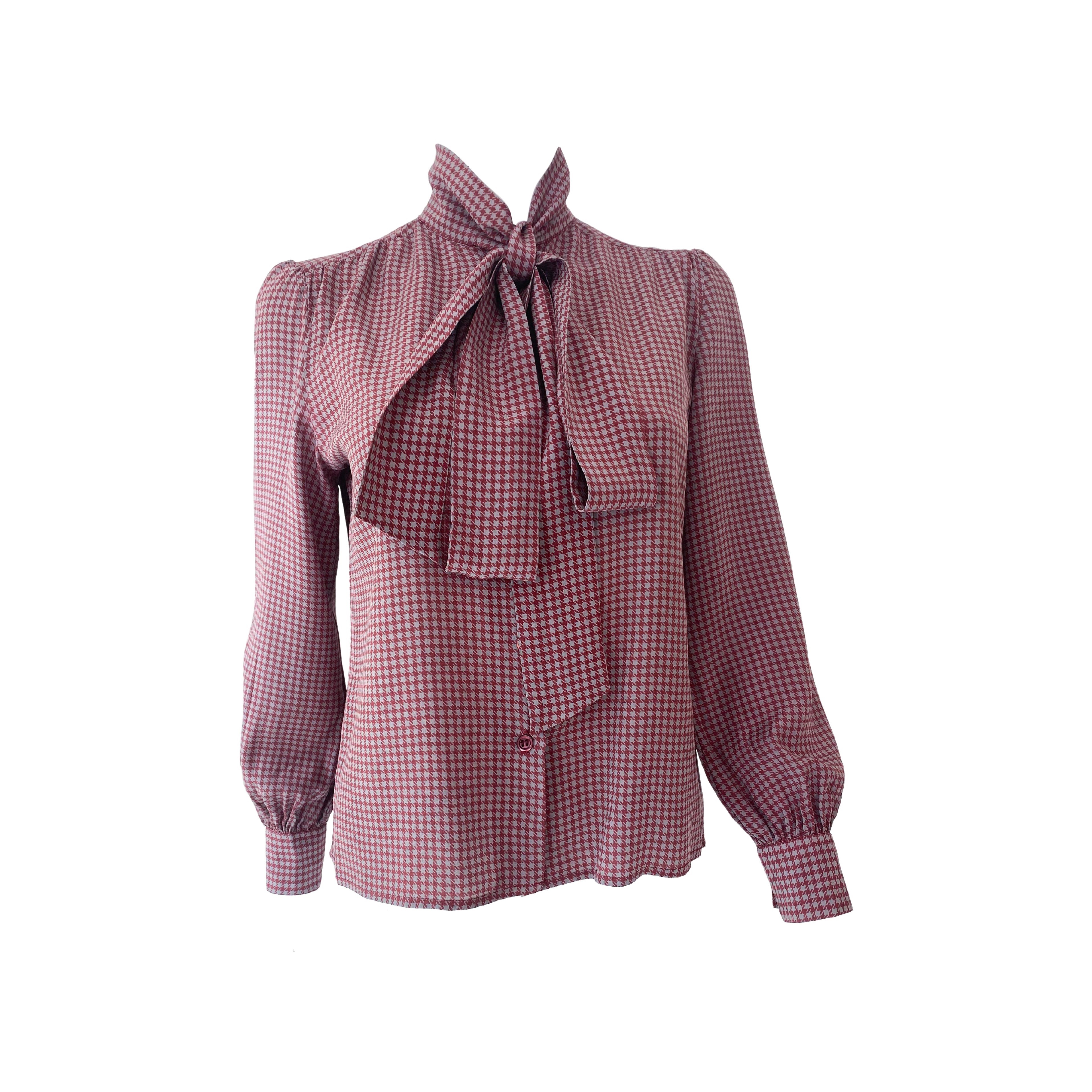 Silk Pussy Bow Blouse Top Burgundy and Gray Pied-de-Poule Size 6/8, Vintage 1970