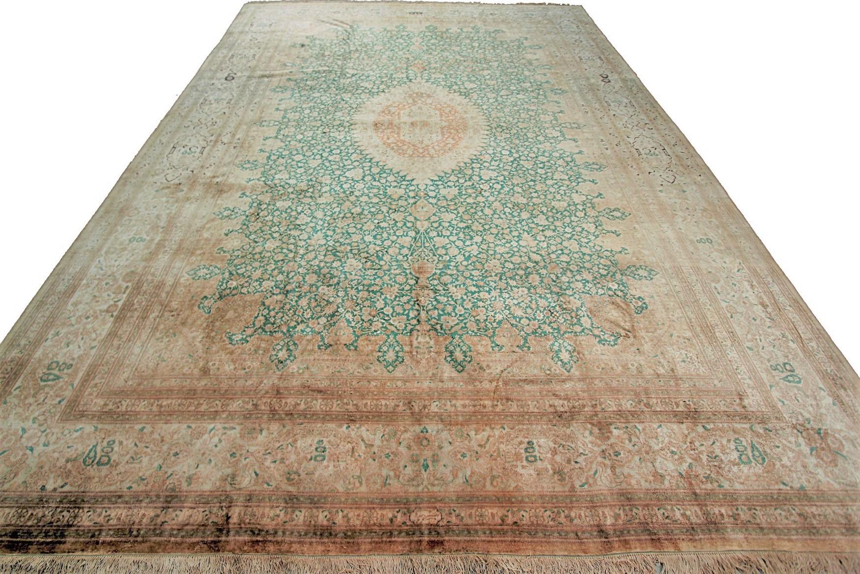 Signed Silk Ghom Jamshidi rare fine authentic silk handmade rug high quality signed soft green 
10' x 13'6