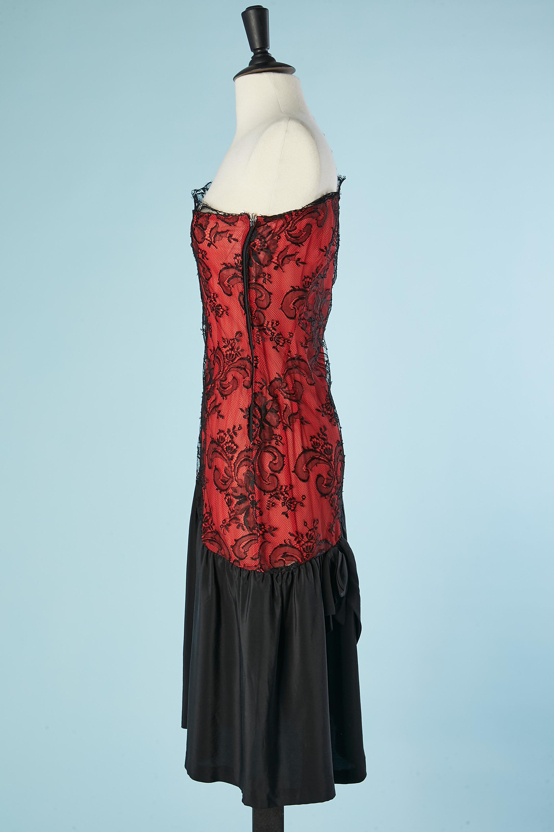 Silk red and black asymmetrical cocktail dress with lace Loris Azzaro 