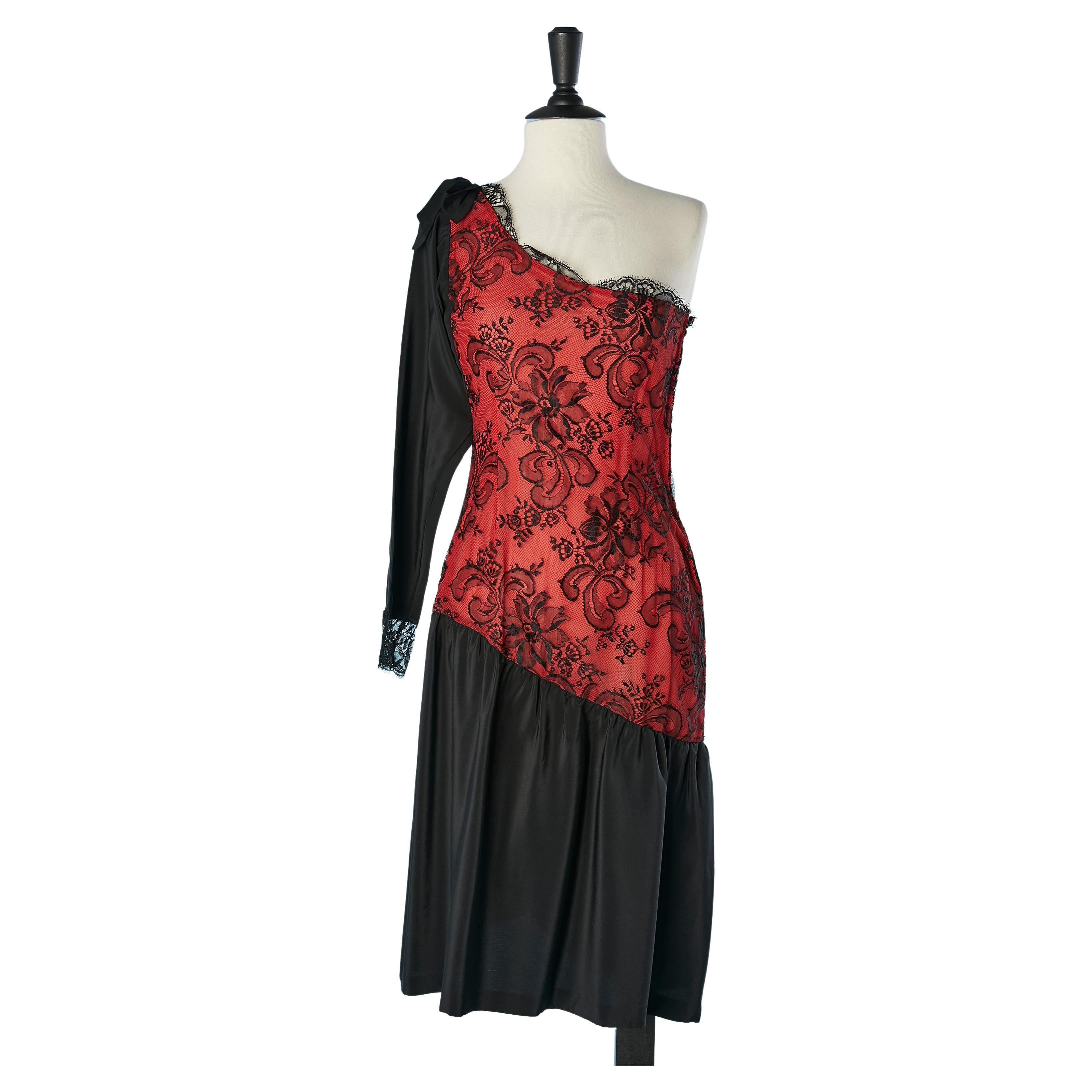 Silk red and black asymmetrical cocktail dress with lace Loris Azzaro "B" For Sale