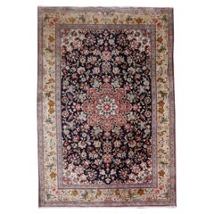 Vintage Silk Rug Blue Floral  Hand Knotted Djoharian Collection  