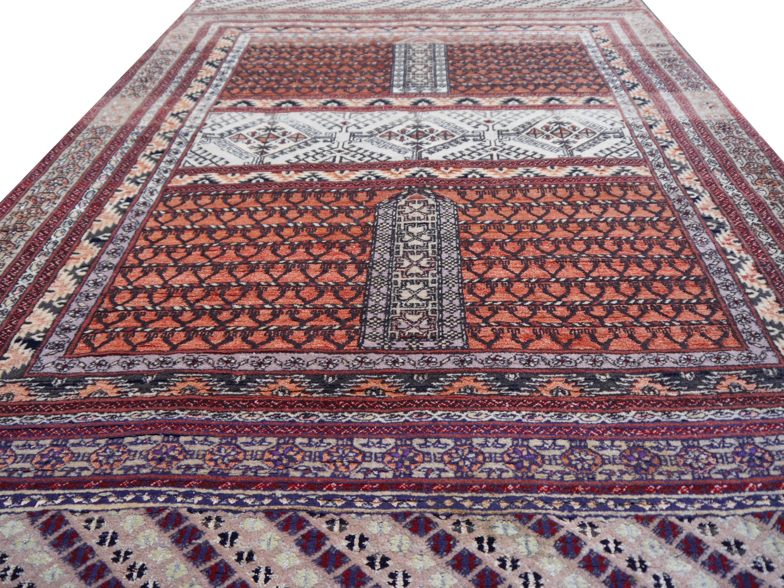 20th Century Part Silk Rug Hatchlou Engsi Tribal Vintage Carpet from Afghan Turkoman Tribe