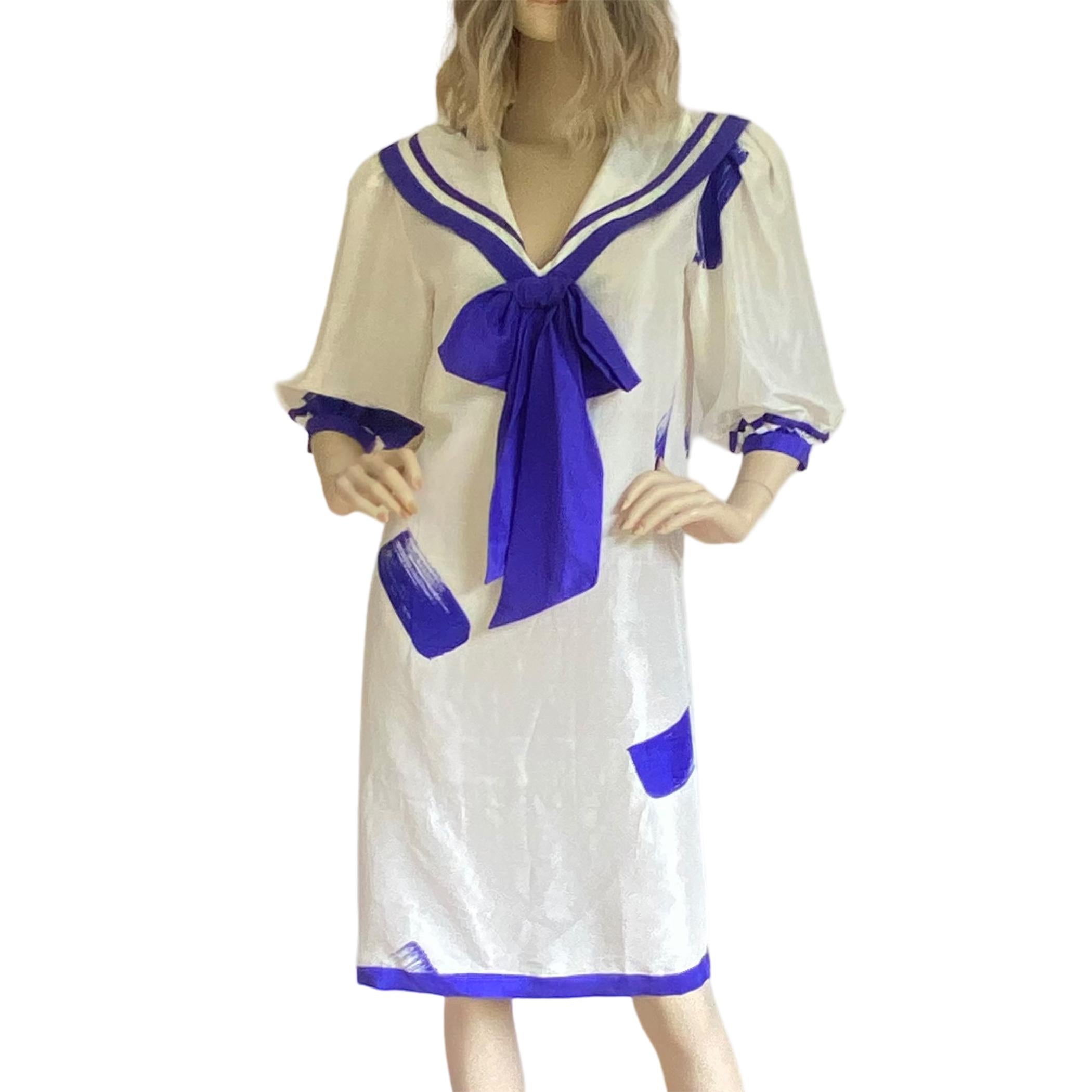 Silk Sailor Dress with Puff Sleeves  - Flora Kung NWT In New Condition For Sale In Boston, MA