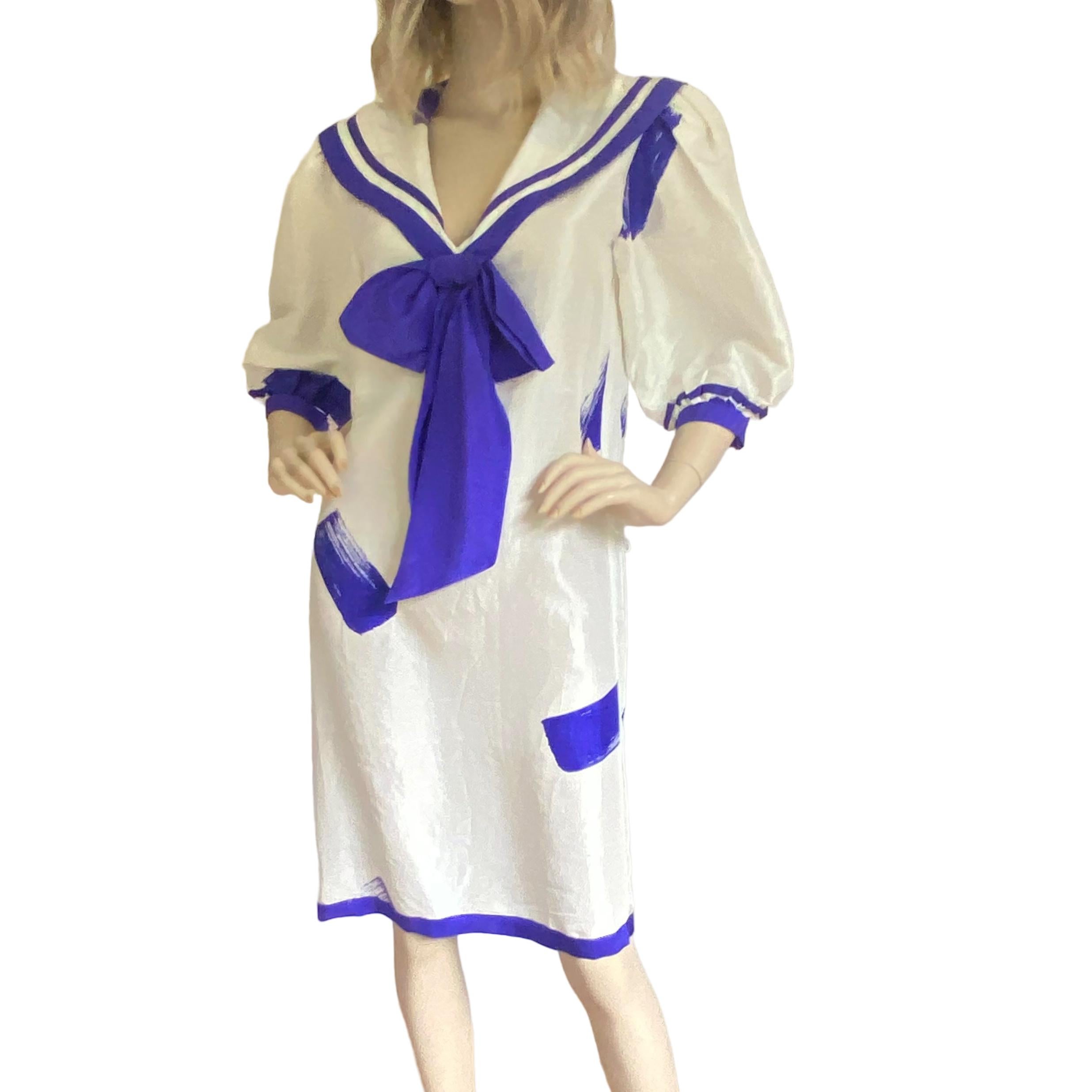 Women's Silk Sailor Dress with Puff Sleeves  - Flora Kung NWT For Sale