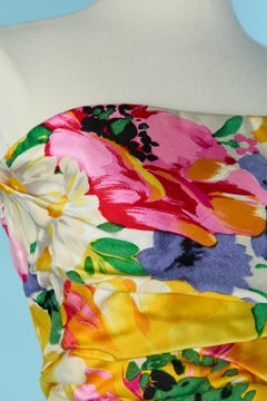 Silk satin bustier evening gown with flower print MONTORFANO