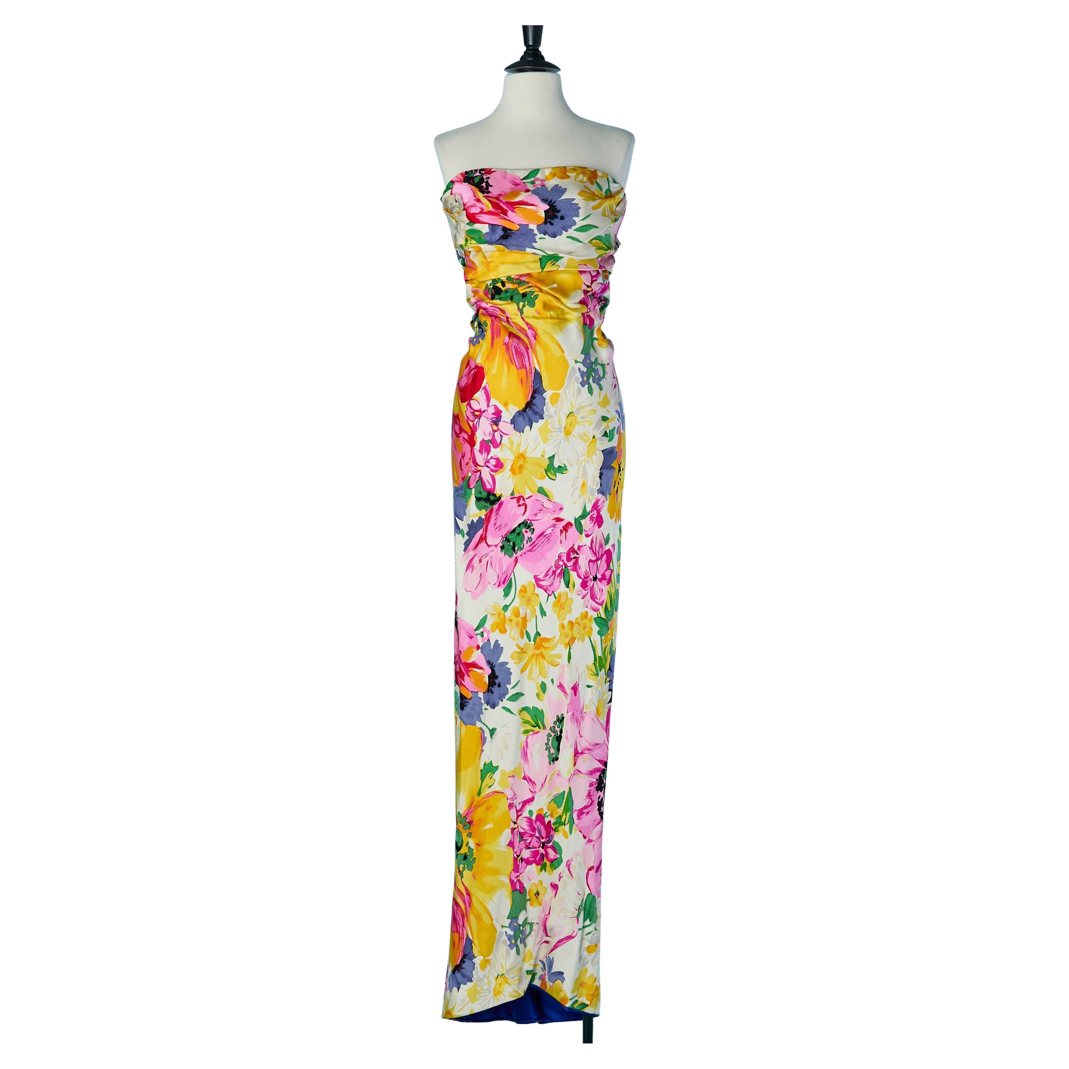 Silk satin bustier evening gown with flower print MONTORFANO