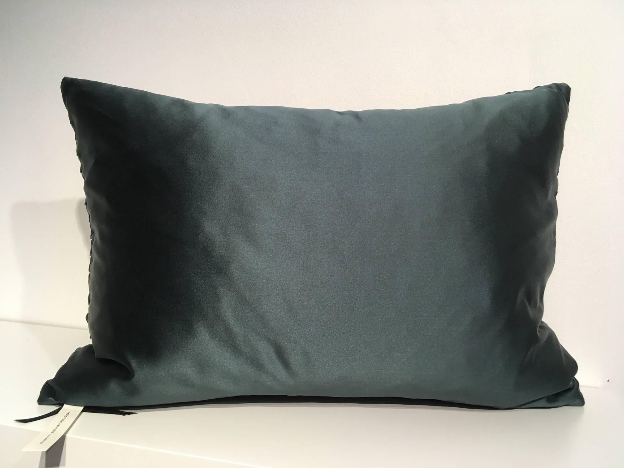 Silk satin cushion with centre stripe detail embossed front panel in steam pleated small opal pattern, back panel plain silk, silk satin Brochier col. Smeralado 35 x 50cm, concealed zipper in the bottom seam, inner pad with feather,