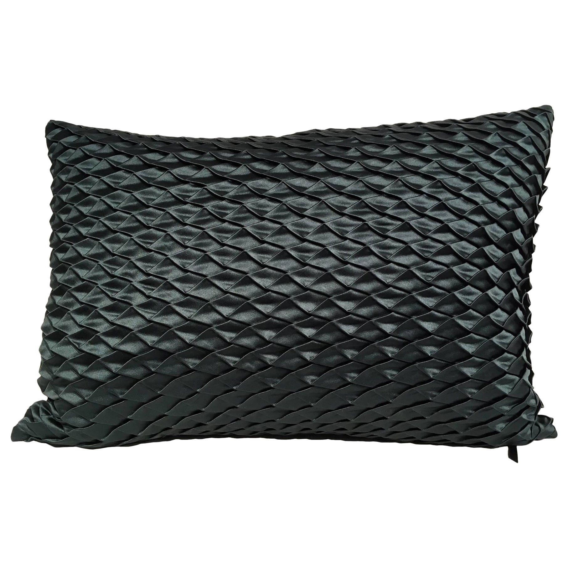 Silk Satin Cushion Pleated Small Opal Pattern Embossed Color Dark Emerald Green For Sale