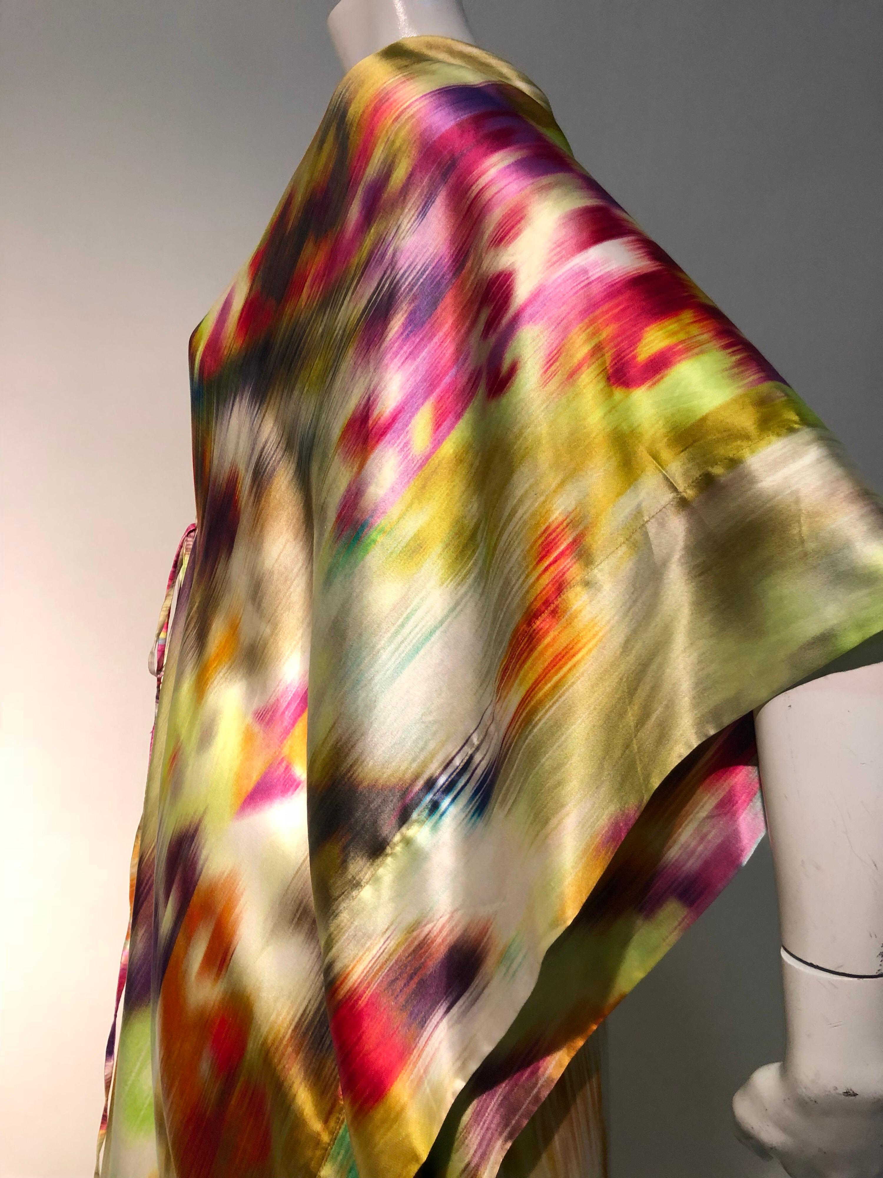 Silk Satin Deconstructed Rainbow Ikat Patterned Caftan W/ Drawstring Under Bust 5