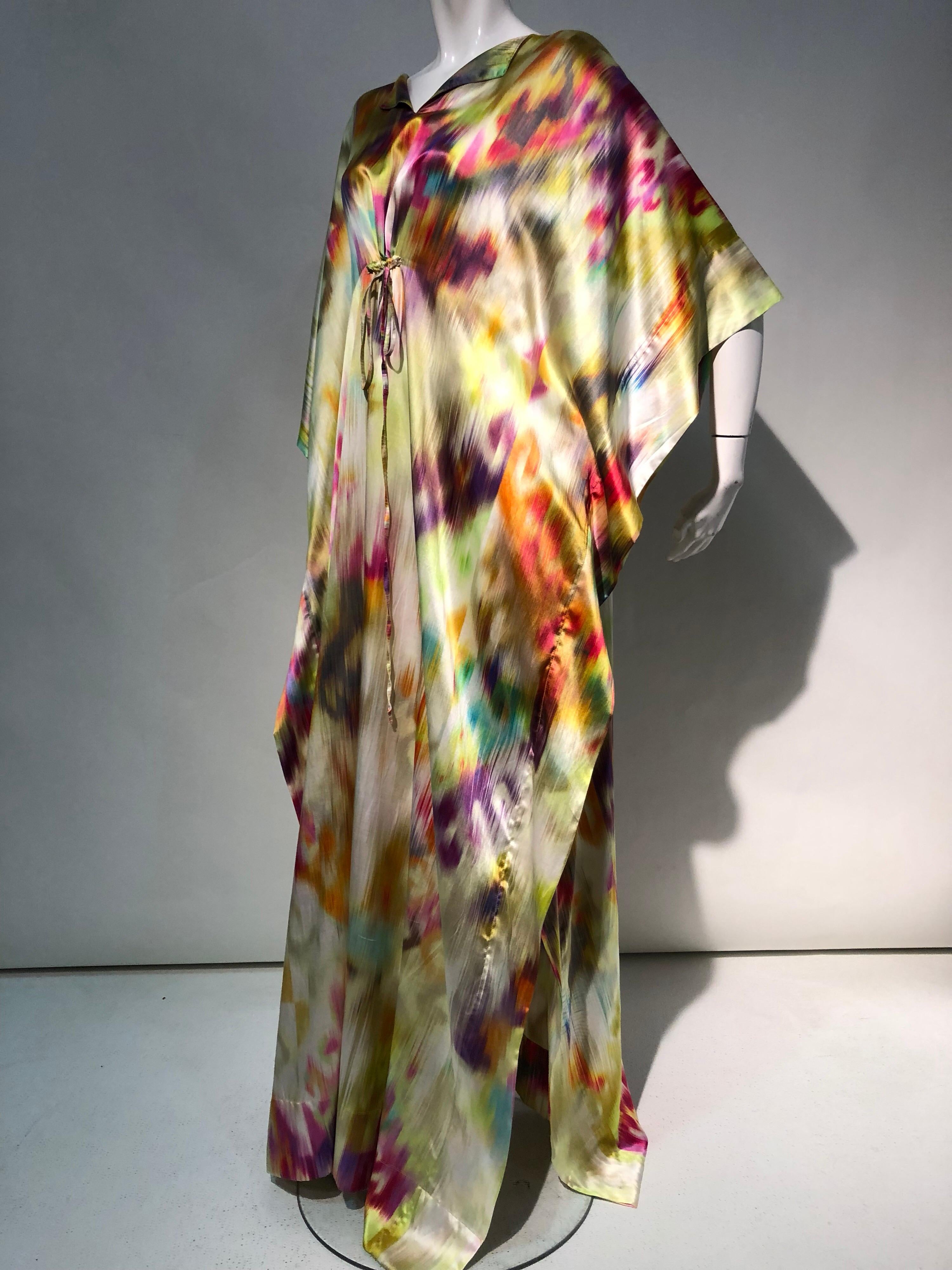 Silk Satin Deconstructed Rainbow Ikat Patterned Caftan W/ Drawstring Under Bust 6
