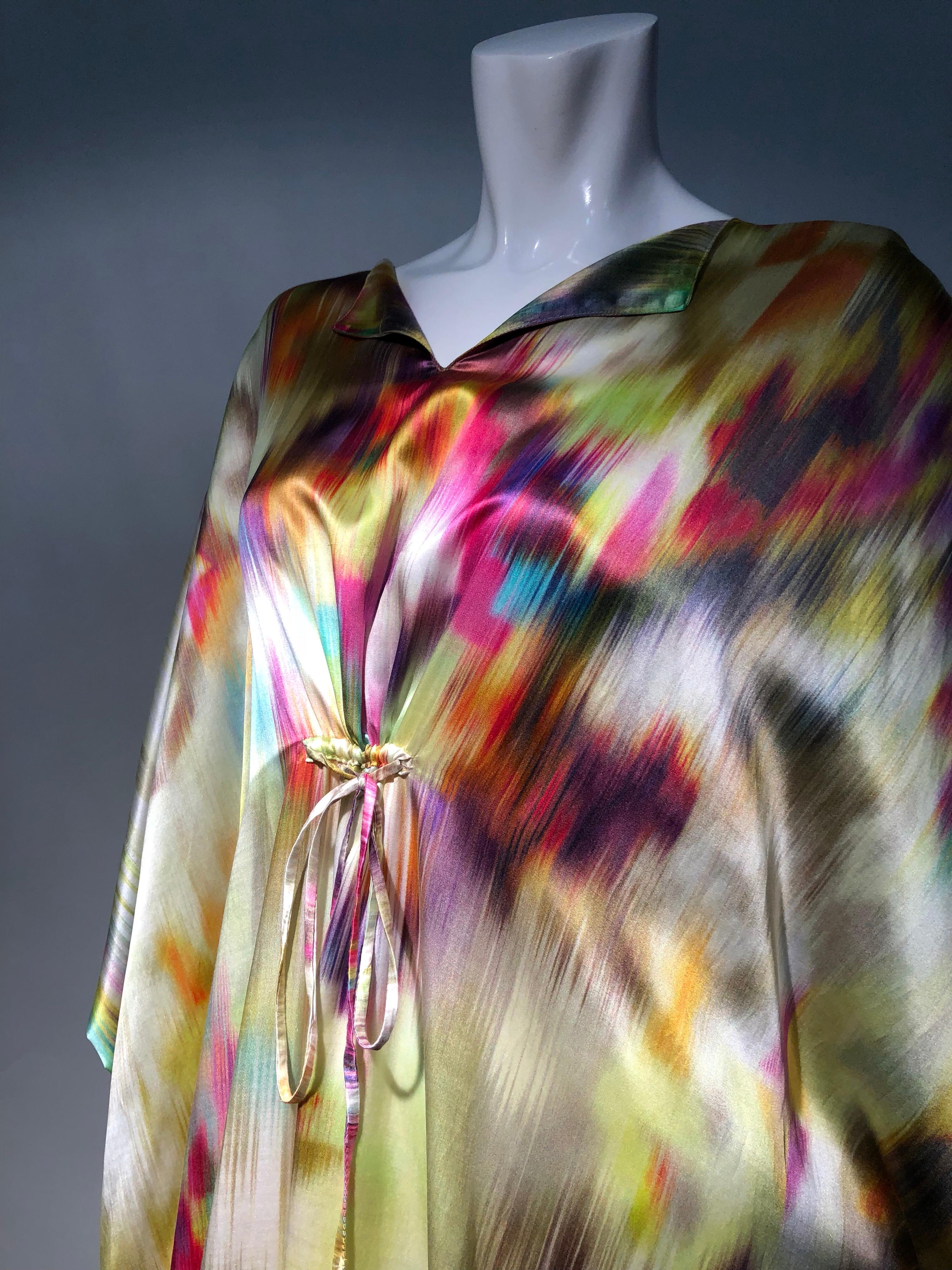 Silk Satin Deconstructed Rainbow Ikat Patterned Caftan W/ Drawstring Under Bust 7