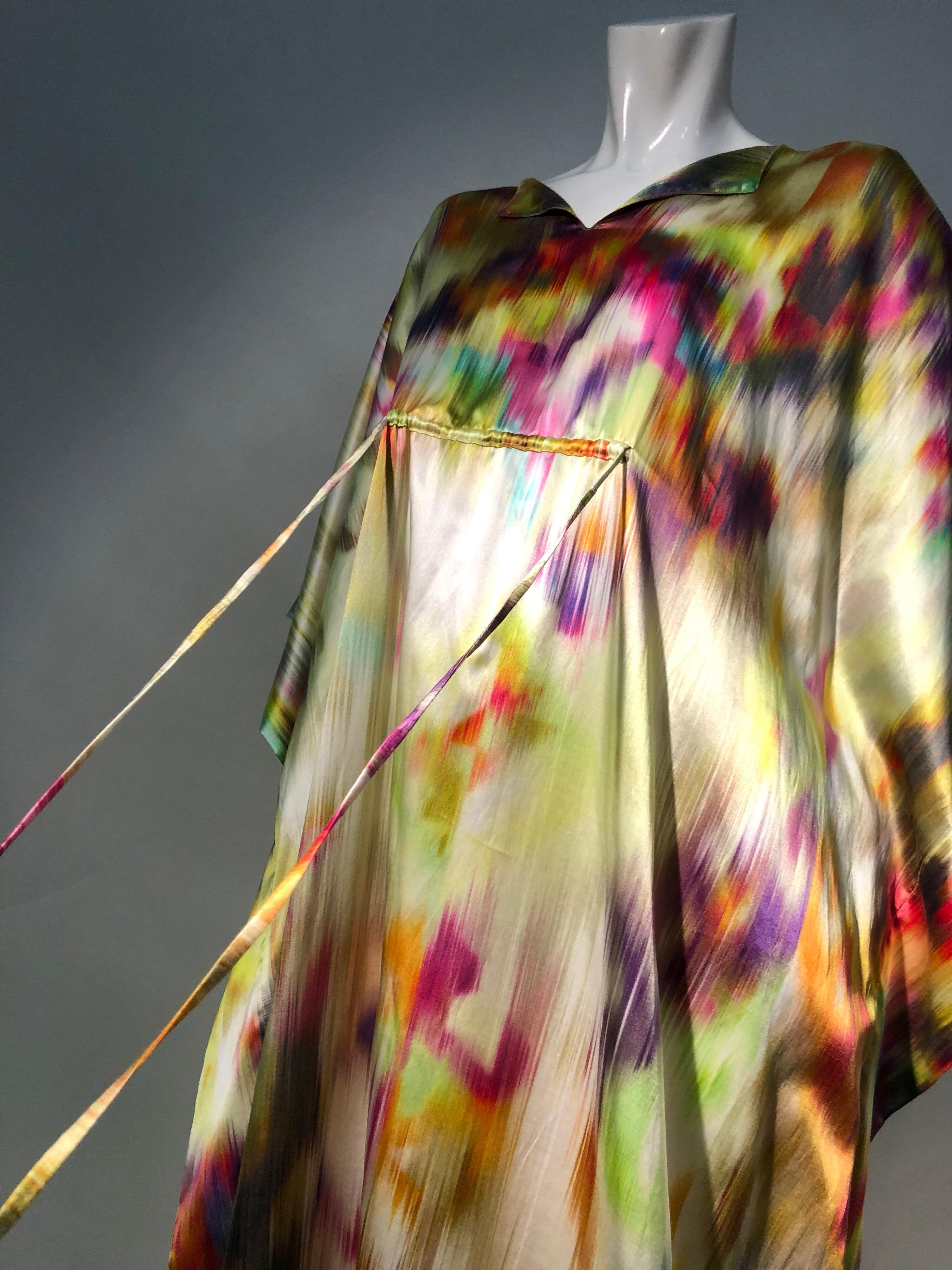 Silk Satin Deconstructed Rainbow Ikat Patterned Caftan W/ Drawstring Under Bust 9