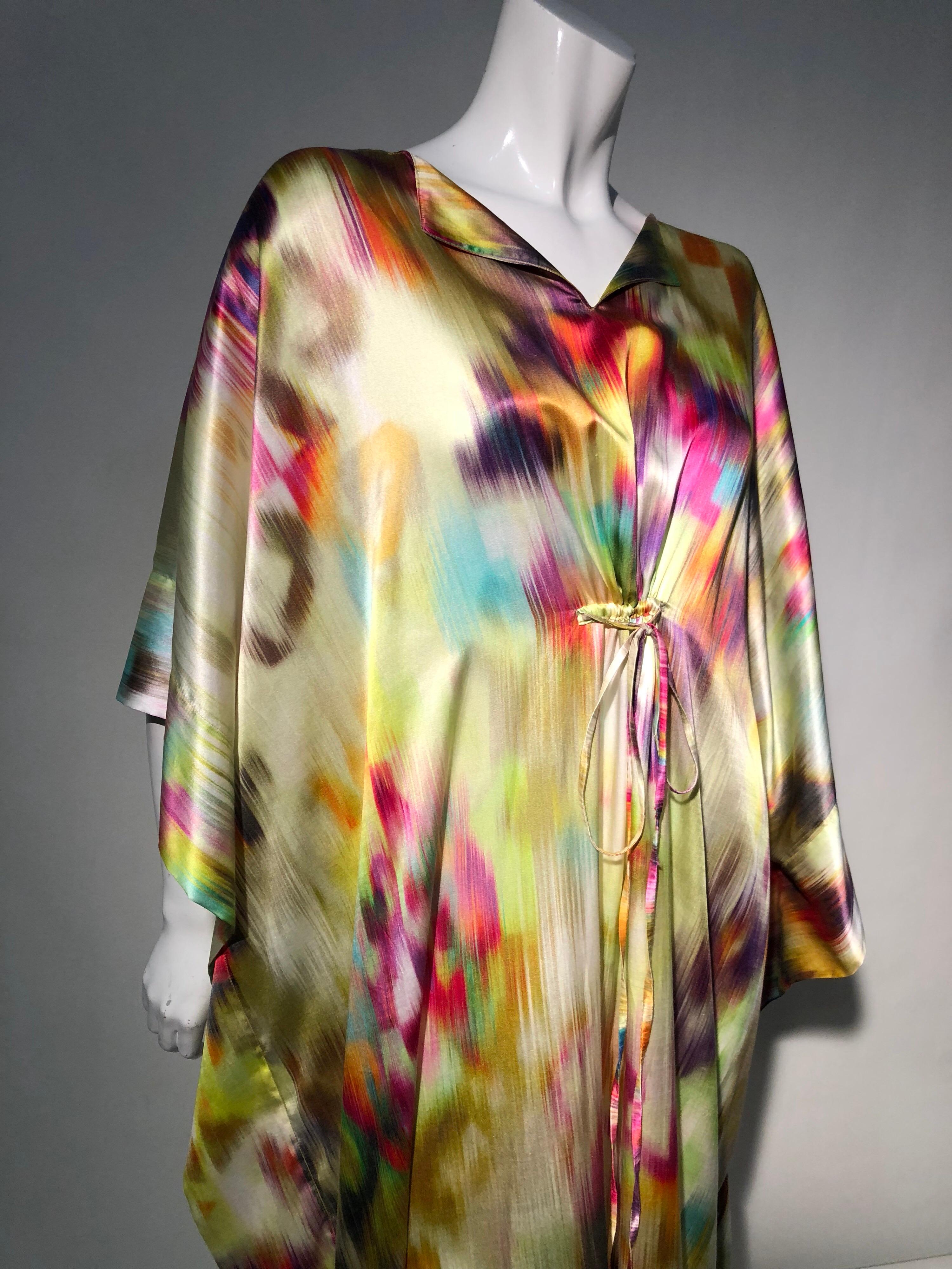 Brown Silk Satin Deconstructed Rainbow Ikat Patterned Caftan W/ Drawstring Under Bust