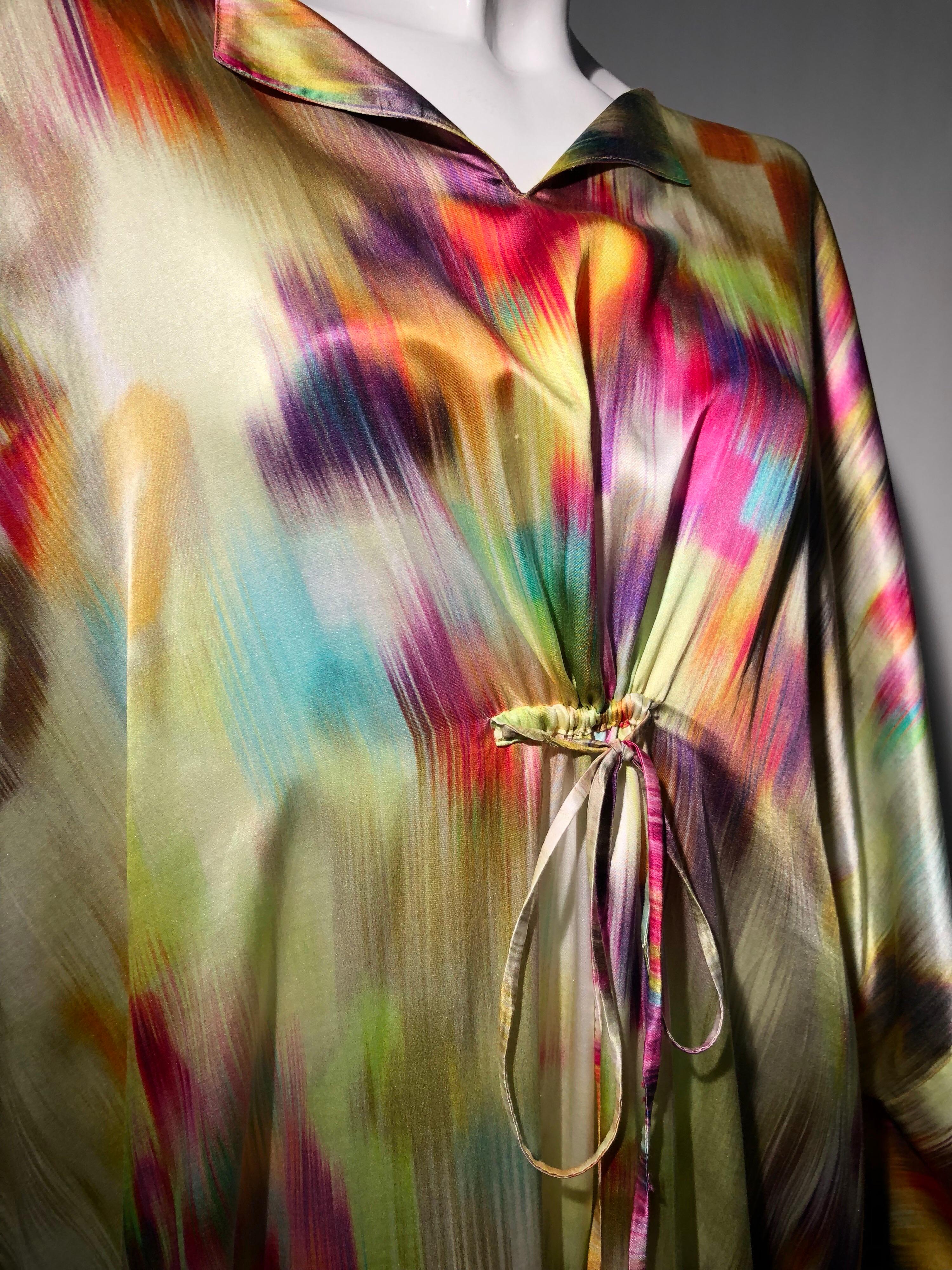 Silk Satin Deconstructed Rainbow Ikat Patterned Caftan W/ Drawstring Under Bust In New Condition In Gresham, OR