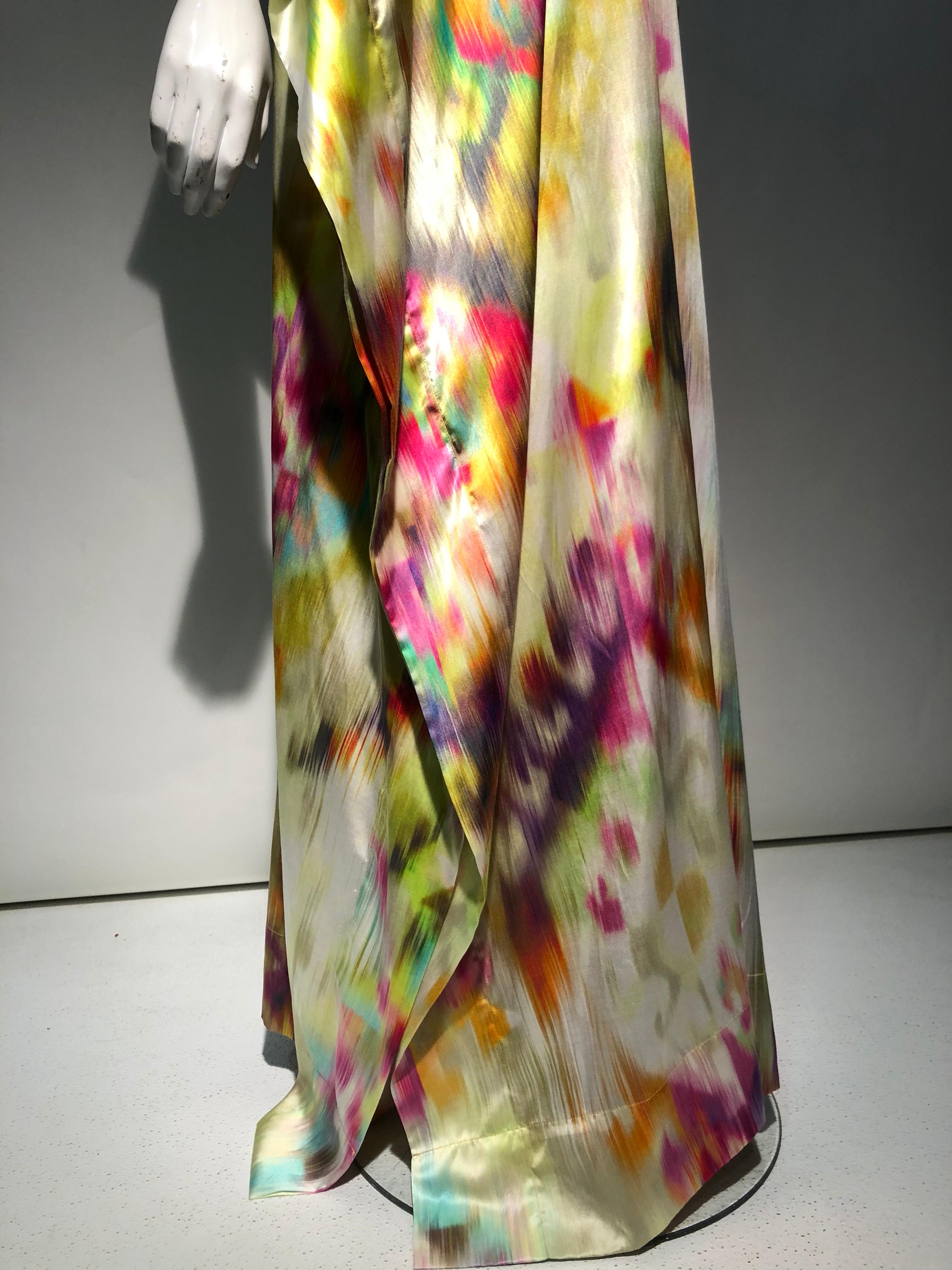 Women's Silk Satin Deconstructed Rainbow Ikat Patterned Caftan W/ Drawstring Under Bust