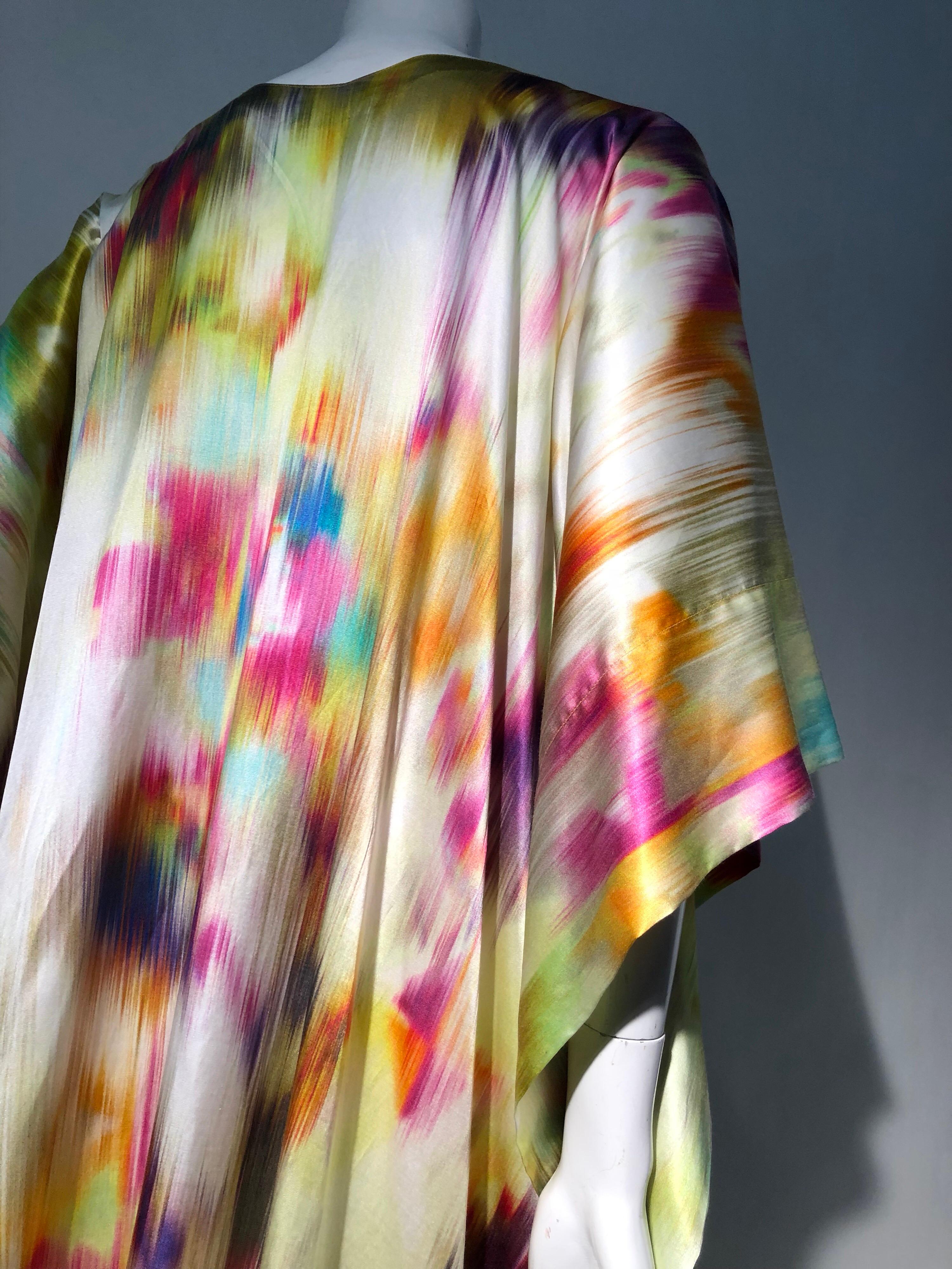 Silk Satin Deconstructed Rainbow Ikat Patterned Caftan W/ Drawstring Under Bust 3