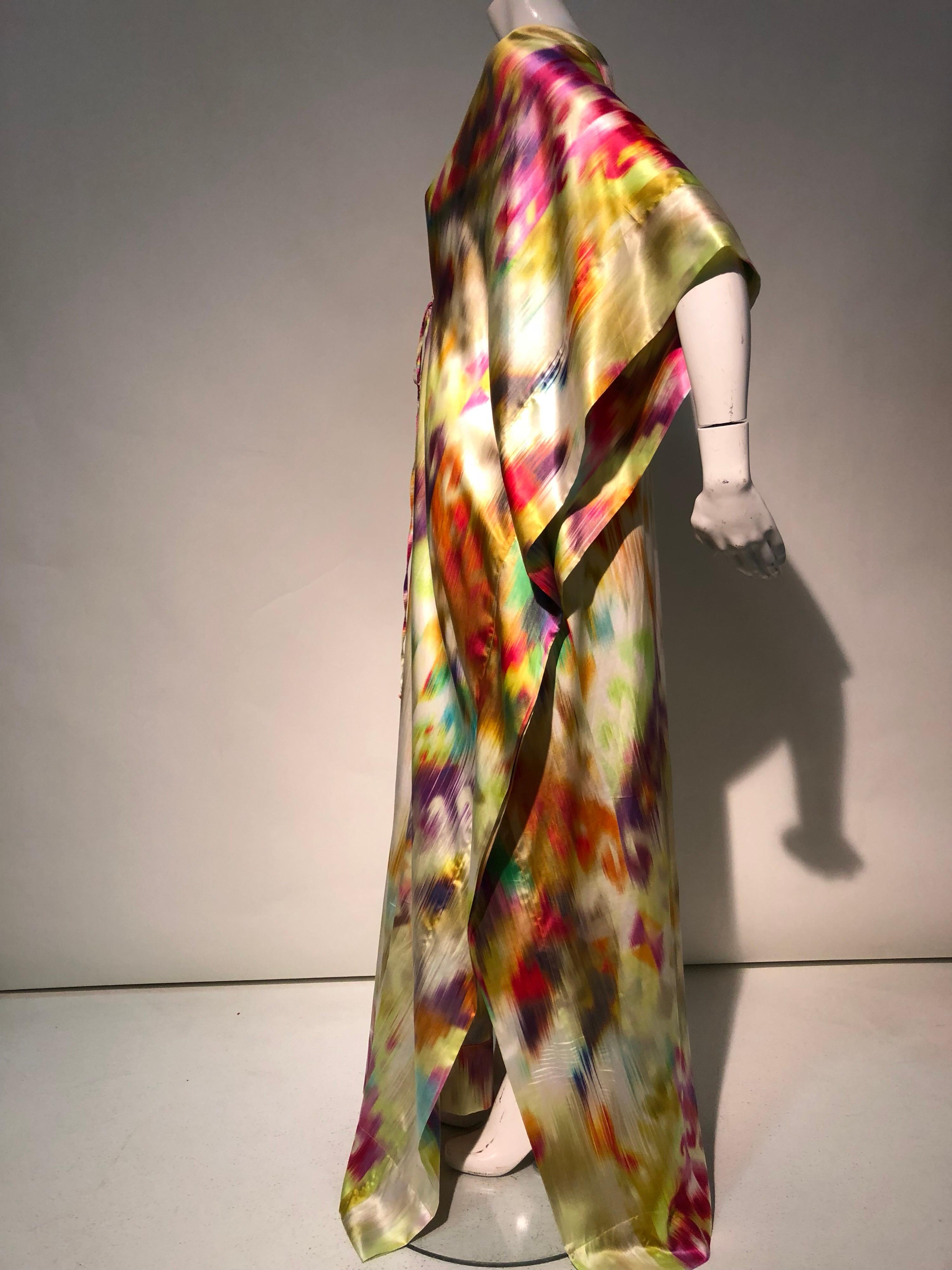 Silk Satin Deconstructed Rainbow Ikat Patterned Caftan W/ Drawstring Under Bust 4