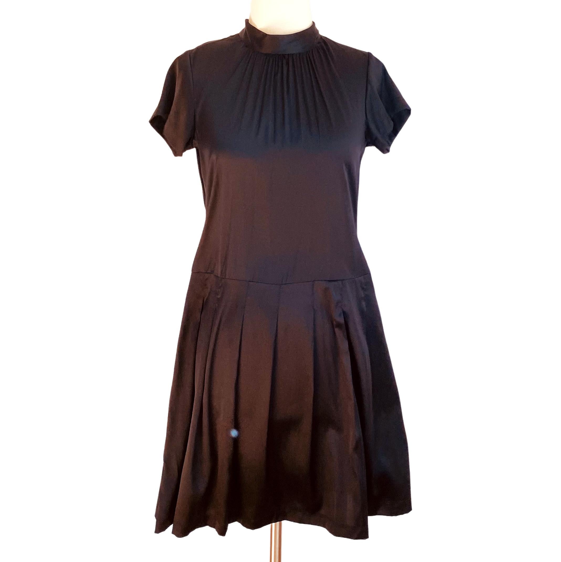 Black Silk satin drop-waist pleated LBD little black dress FLORA KUNG For Sale