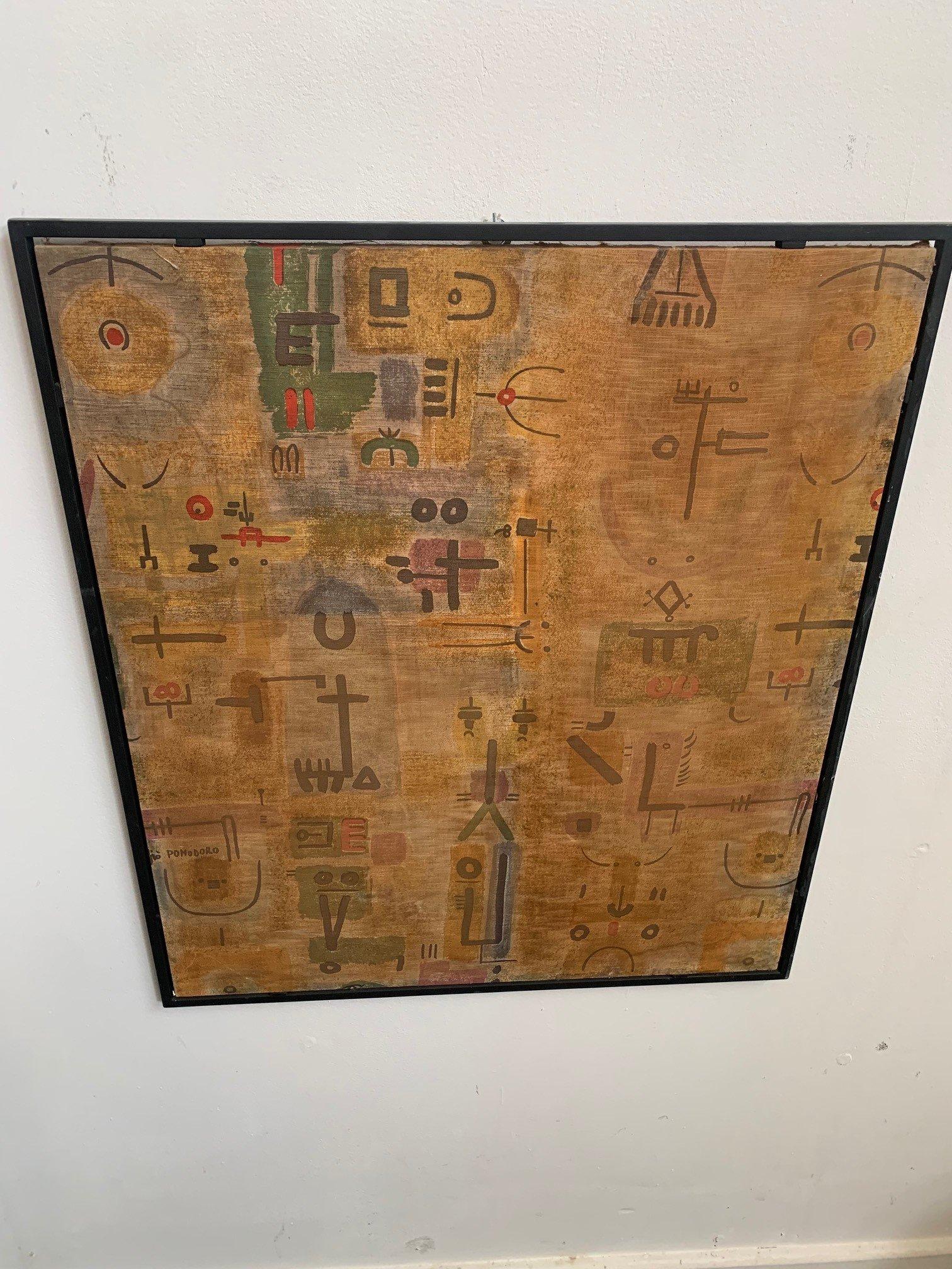 Opere in tessuto serigrafato di Giò Pomodoro, anni '50-'60. Cornice successiva. Patina dovuta all'età. Le misure includono la cornice.
