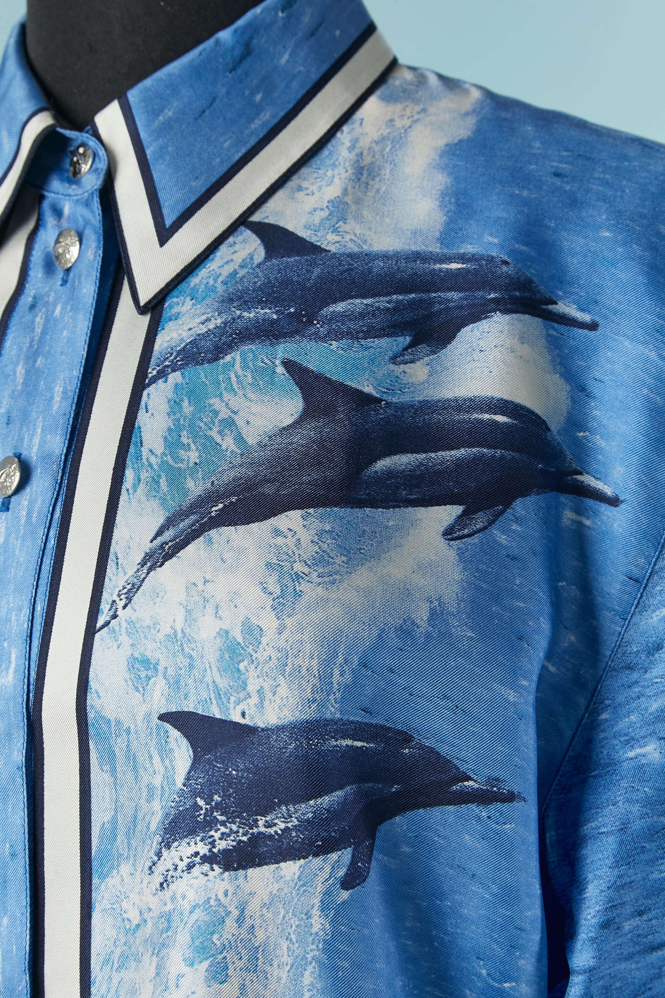 Blue Silk shirt with dolphin print and dolphin buttons Escada by Margaretha Ley For Sale