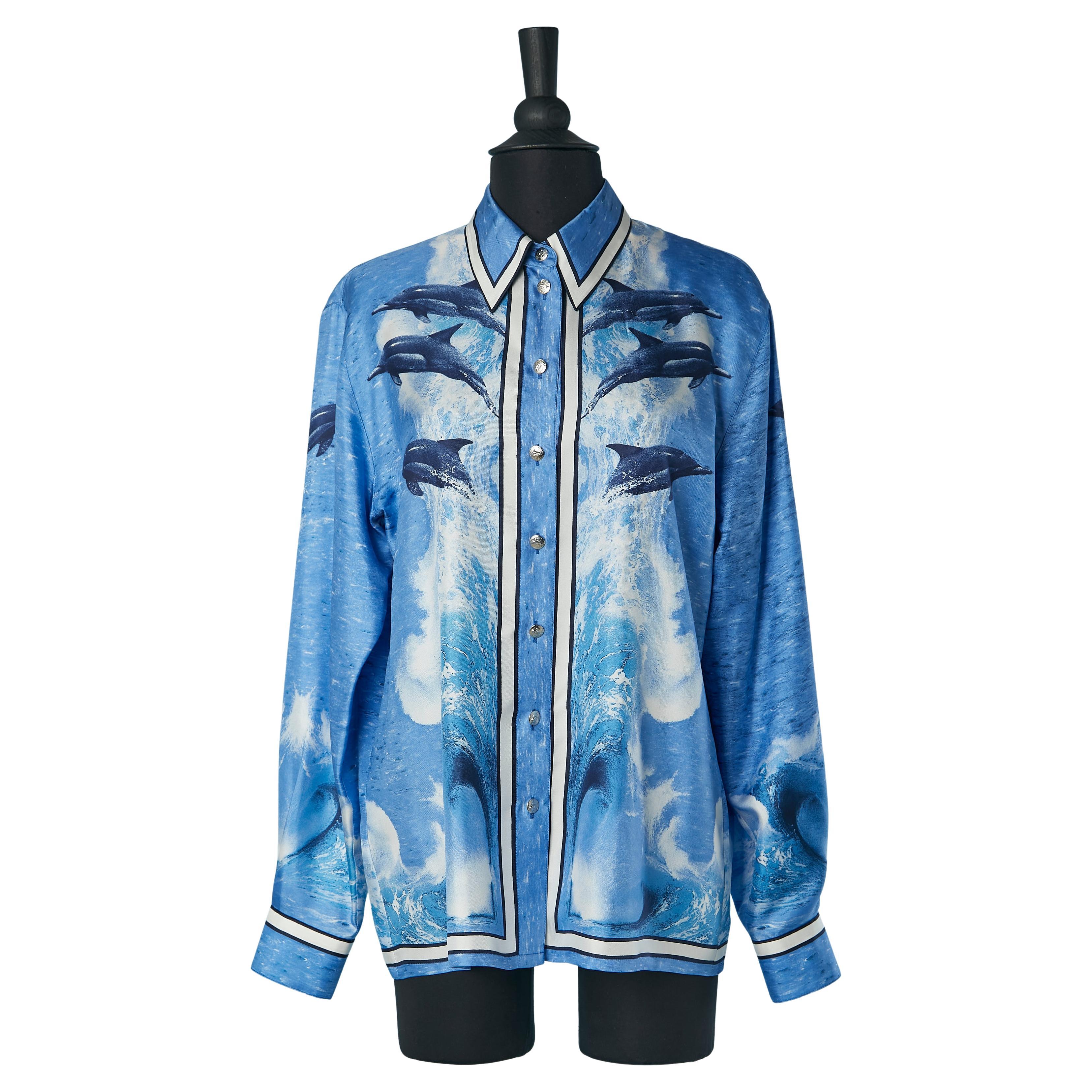 Silk shirt with dolphin print and dolphin buttons Escada by Margaretha Ley For Sale