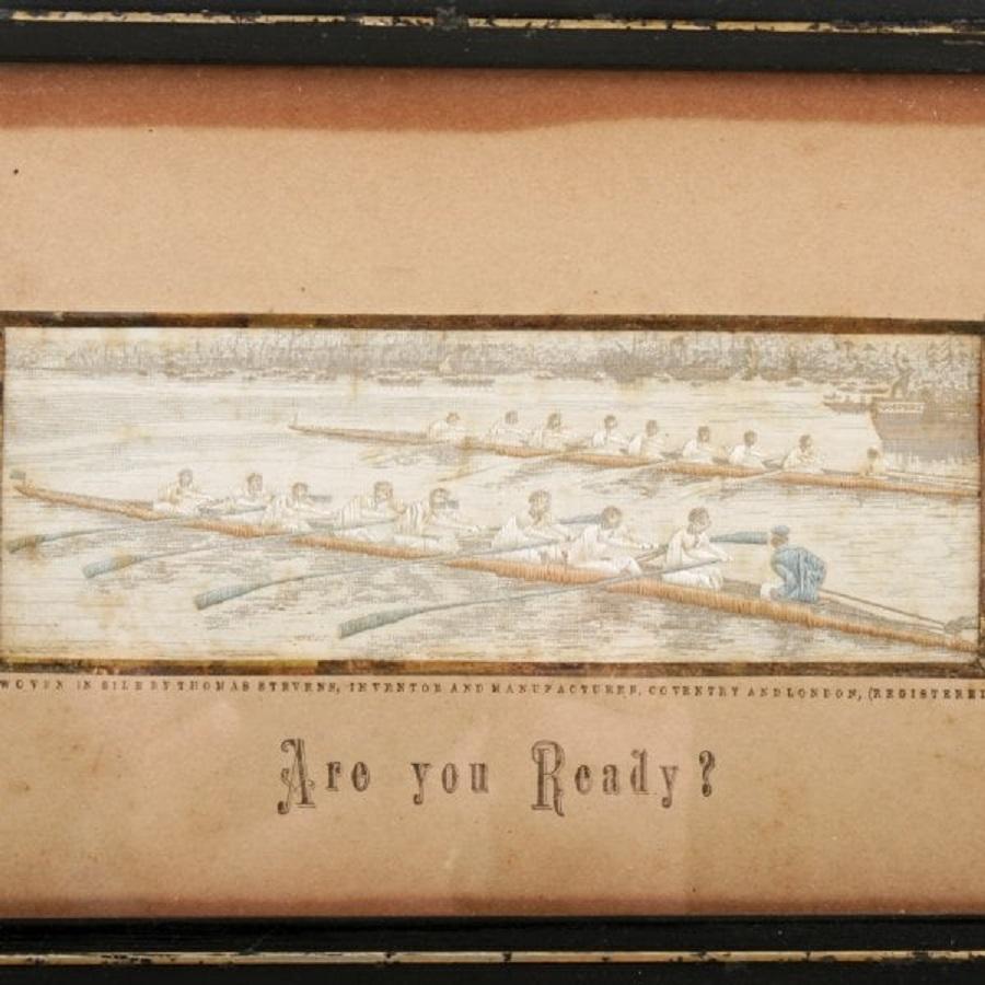 A Victorian woven silk Stevengraph of a boat race.

The picture is at the start of the race with the starter on a tender holding a starting pistol, 