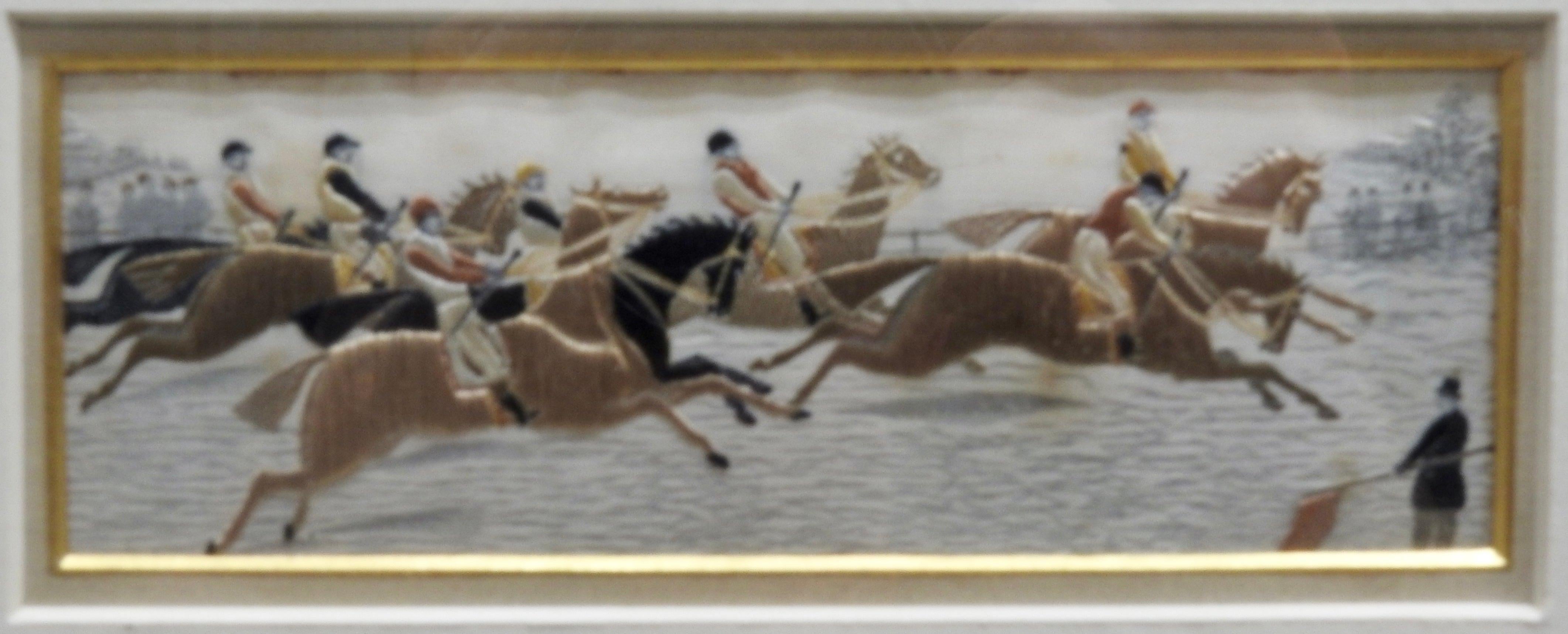 Collection of Thomas Stevens of Coventry woven pictures. Includes a series of horses in a set of five scenes, done in a Stevengraph. Beautiful silk threading including gold threads. The series is framed with a mat with gold around each. The black