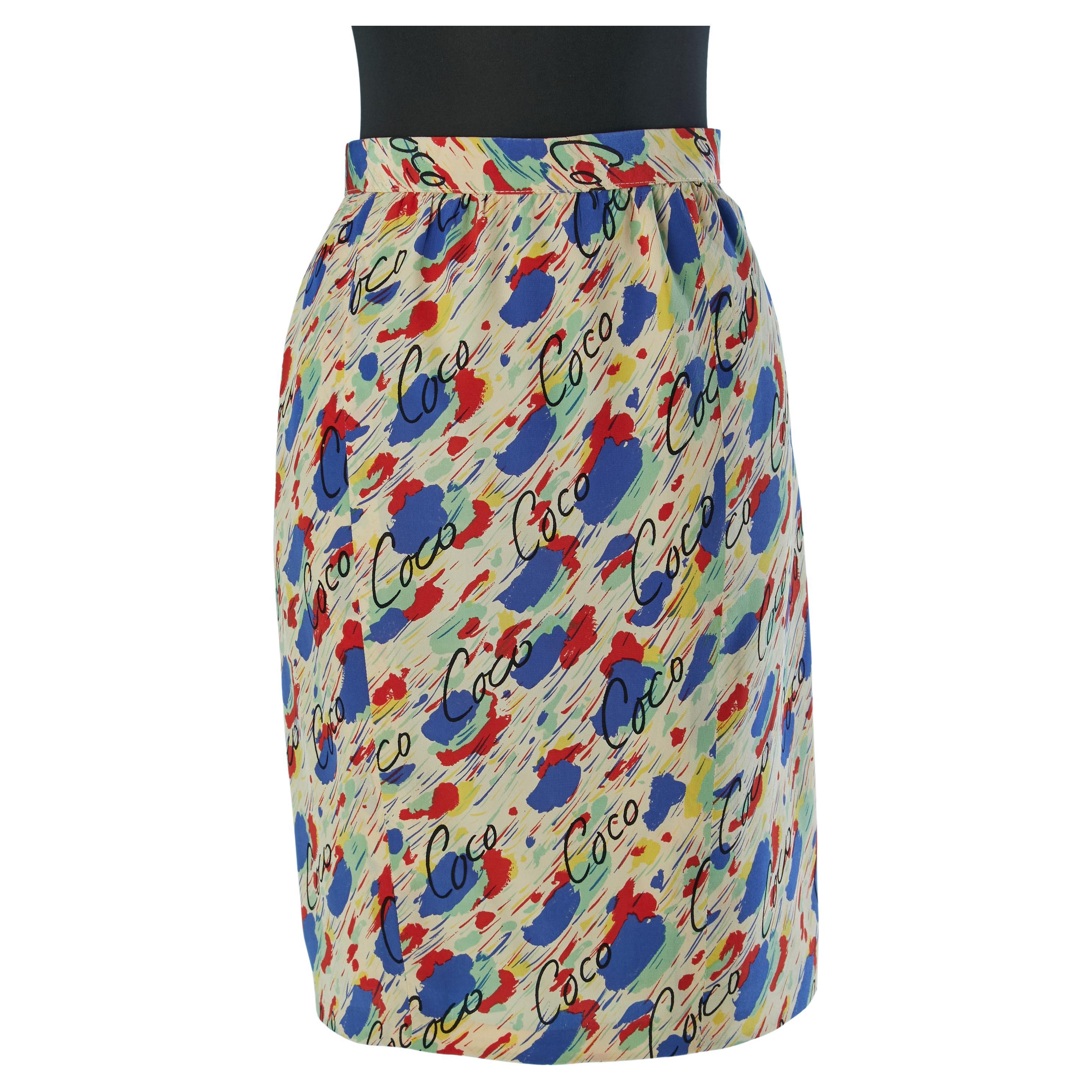 Silk straight skirt with "COCO" print CHANEL