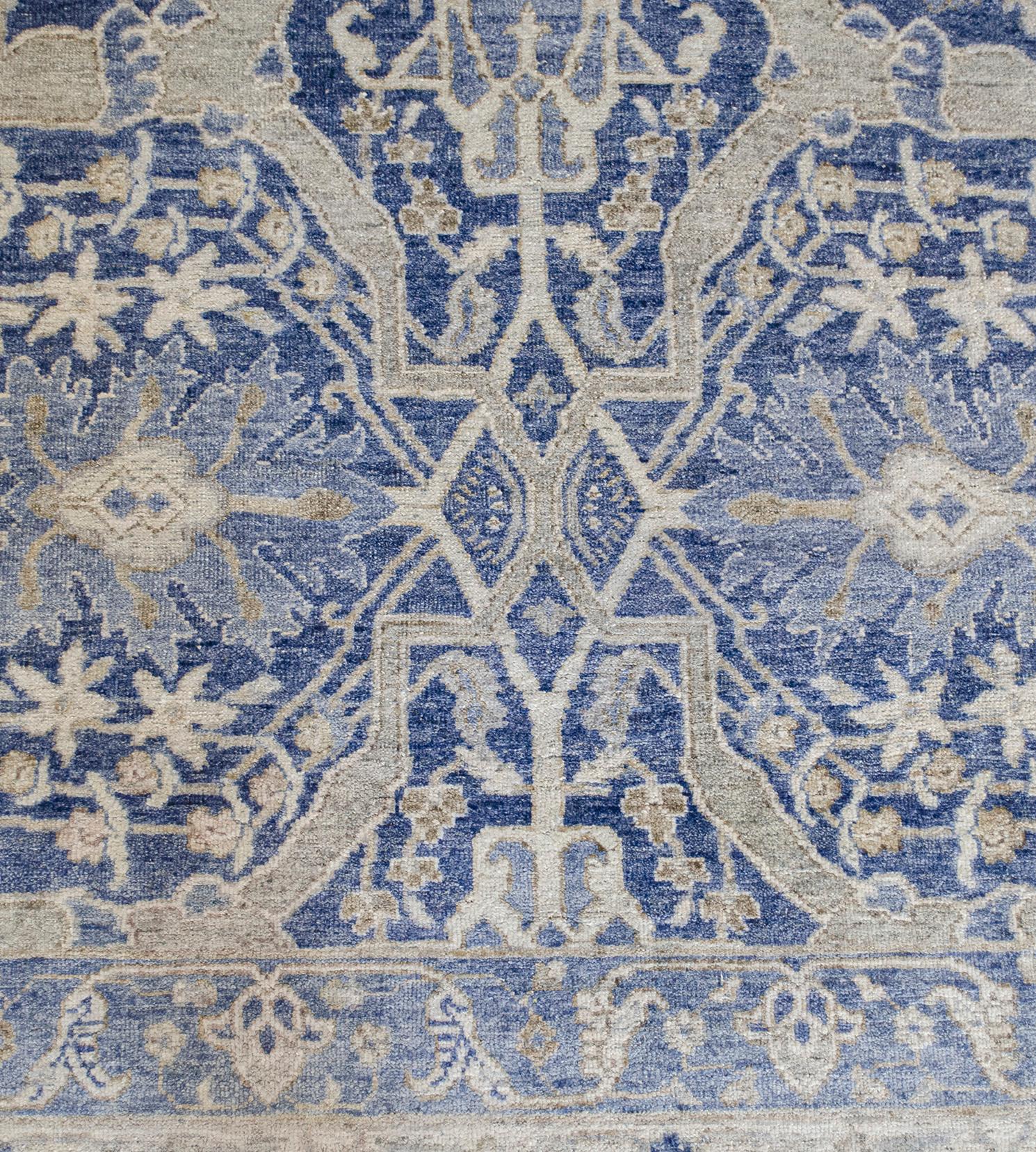Persian Antique Handwoven Blue Silk Tabriz Revival Rug For Sale