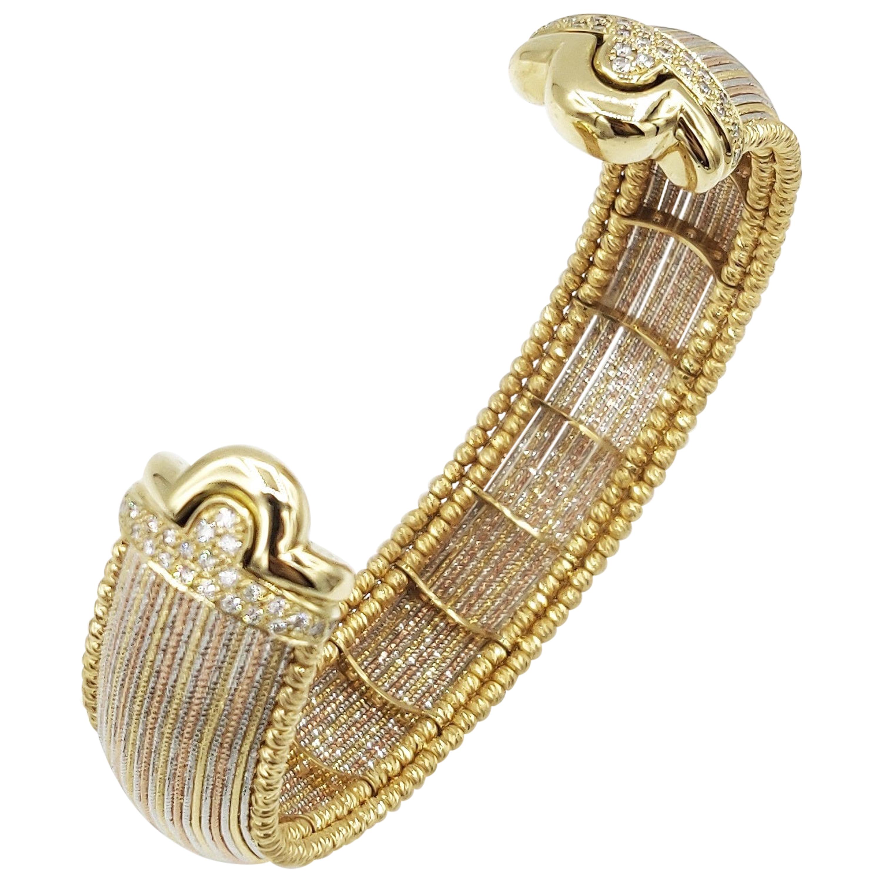 Silk Thread Effect Tri-Colour 18 Karat Gold Open Bangle with Diamond End Caps For Sale