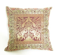 Silk Throw Pillow with Elephants and Peacocks India