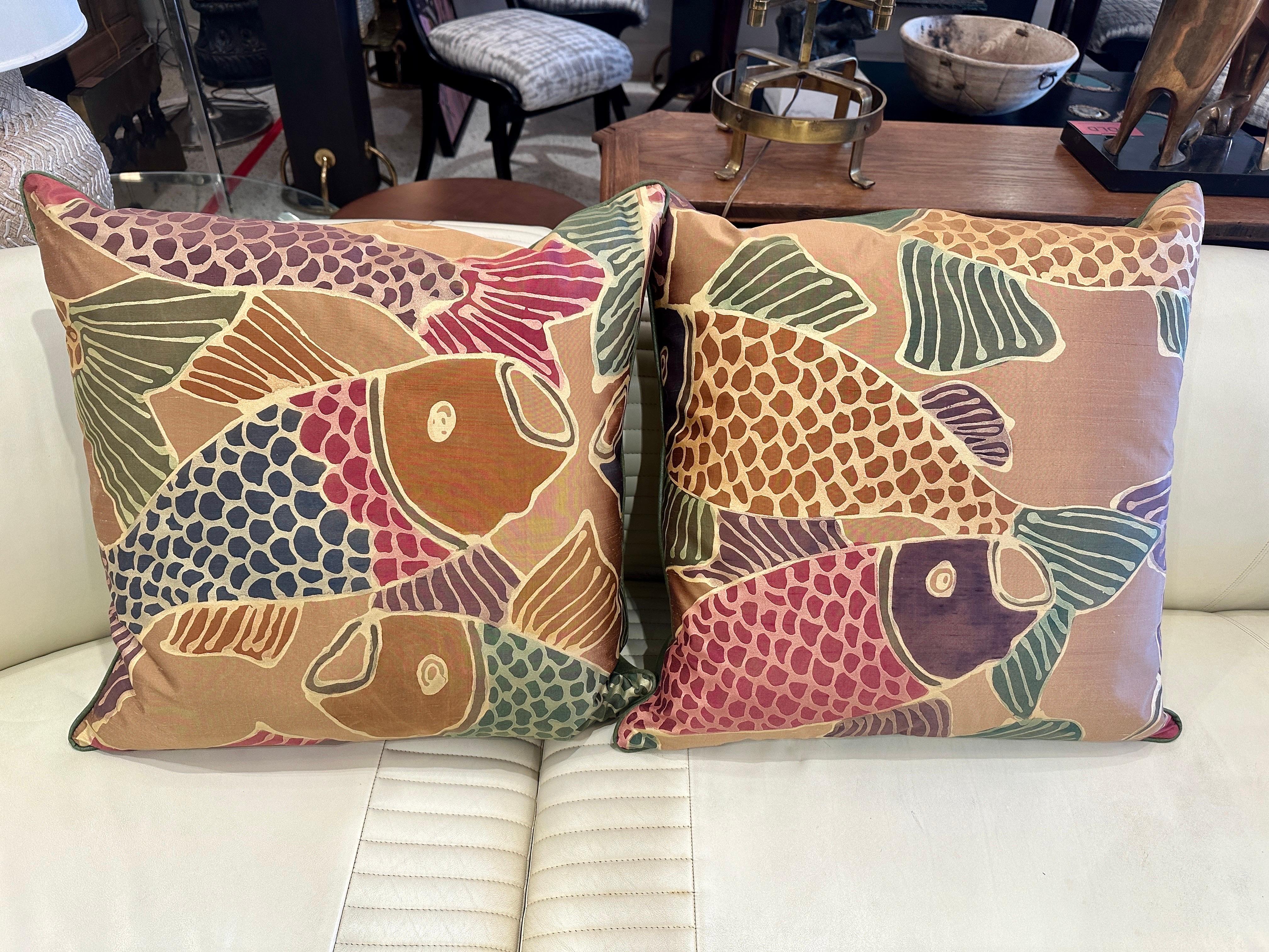 These elegant and luxurious down-mix filled pillows covered in a beautifully vivid KOI pond scene made of silk and a complimentary fabric to verso. ONLY 4 of these beautiful pillows were made custom for Gustavo Olivieri Antiques. See our other