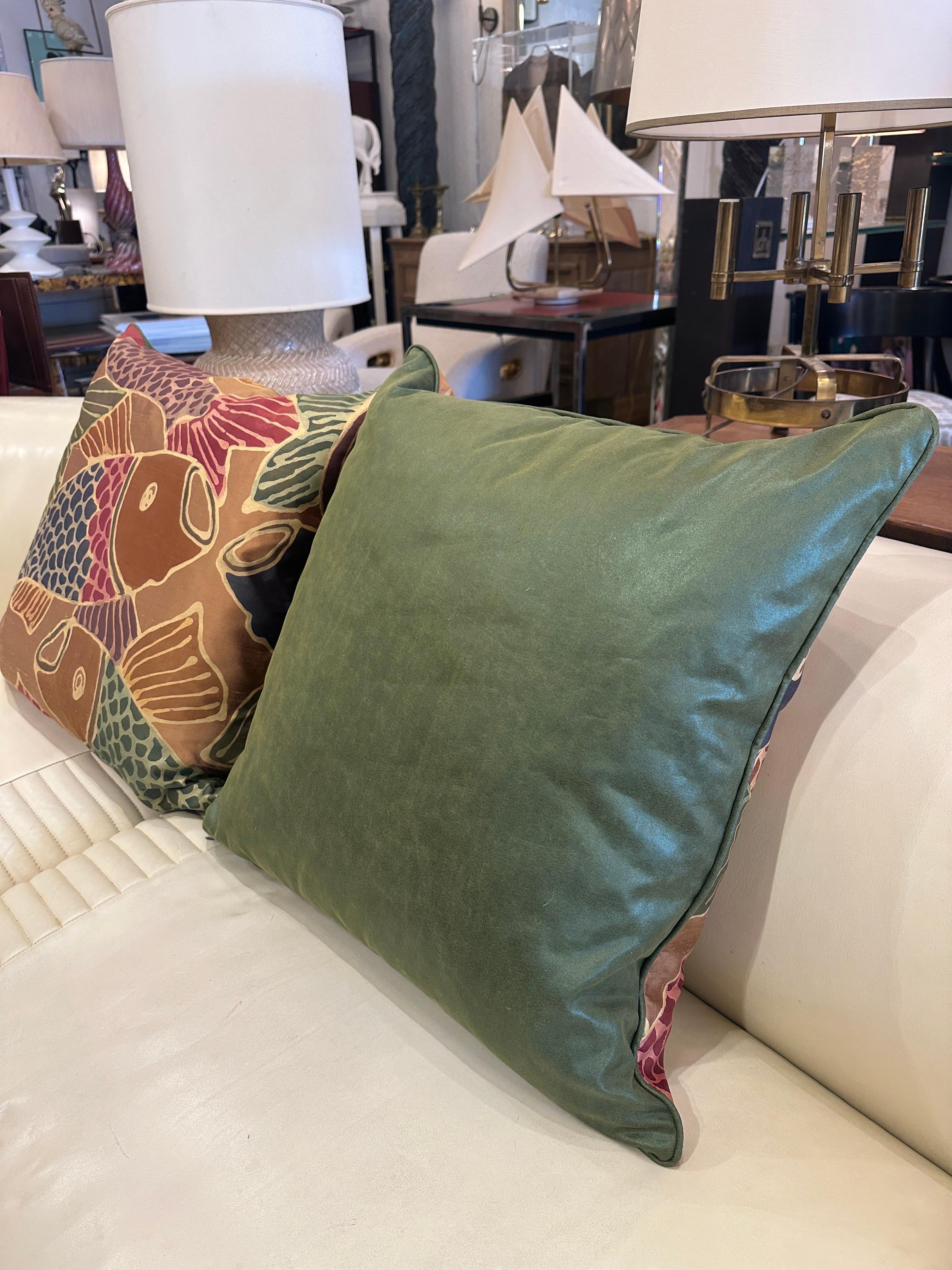 Silk Throw Pillows with Koi Pond Scene, Pair In New Condition For Sale In East Hampton, NY