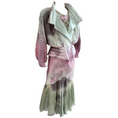 Silk Tie-Dye Suit Bomber Jacket Top Skirt and Belt 4 Piece Set, 1980s