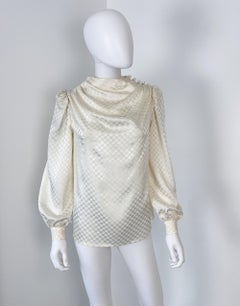 Silk-Touch Fabric Drapery Yoke Blouse Top Ivory Checkerboard Print Size 8/10