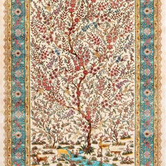 Silk Tree of Life Rug with Blooming Branches and Gazelle Motifs on Ivory Field
