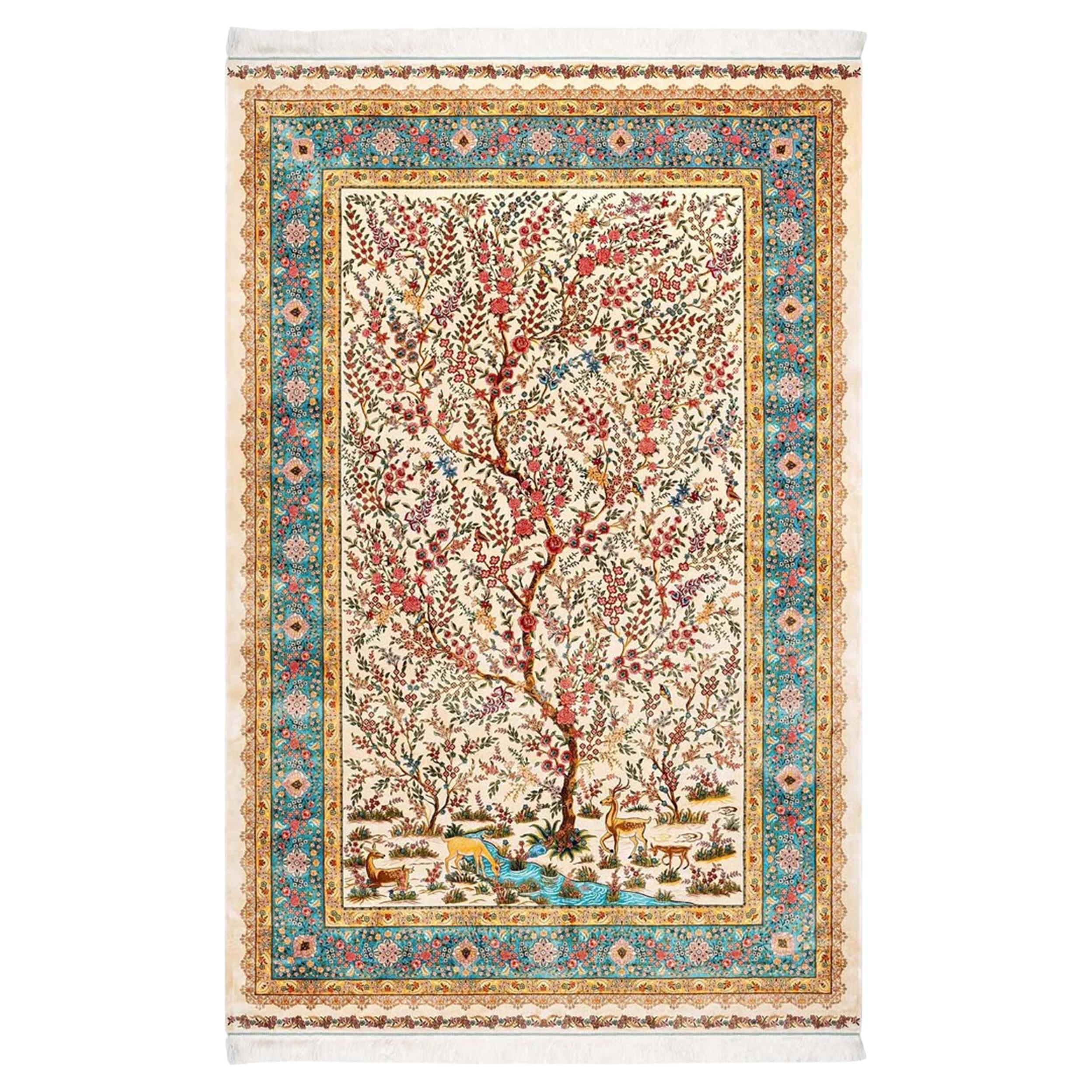 Tappeto Albero della Vita in seta con motivi di Branch e Gazzelle in fiore su campo avorio in vendita