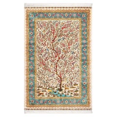 Seidenteppich „Baum des Lebens“ aus Seide mit blühenden Zweigen und Gazelle-Motiven auf elfenbeinfarbenem Feld