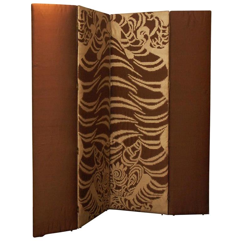 Silk Upholstered Screen with Asian Tiger Motif